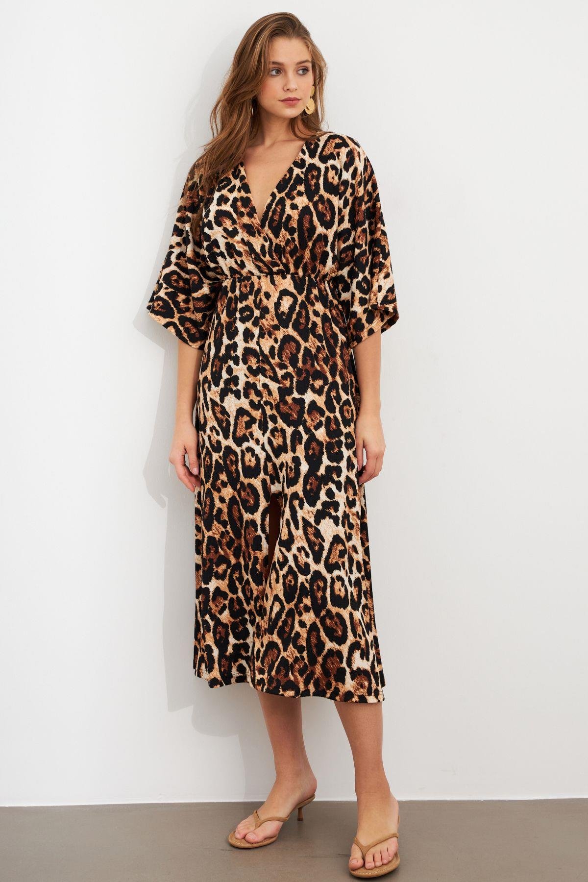 Kadın Camel-Siyah Kruvaze Leopar Midi Elbise KAB306