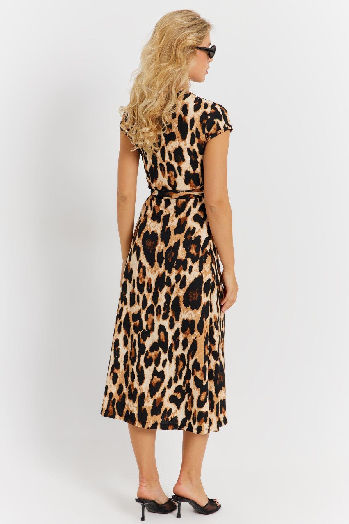 Kadın Camel-Siyah Kuruvaze Bağlamalı Leopar Desenli Midi Elbise EY2896