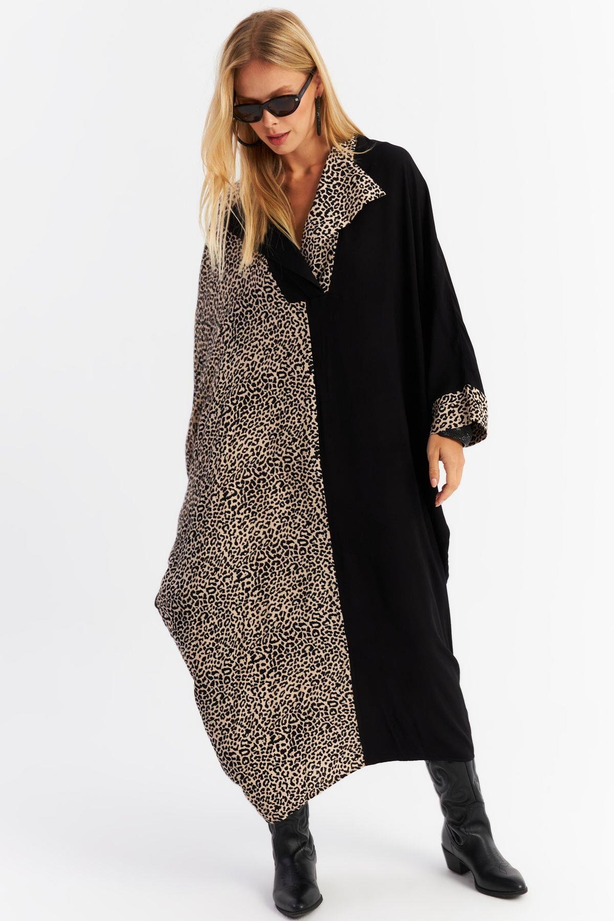 Kadın Camel-Siyah Leopar Bloklu Maxi Elbise MALO15
