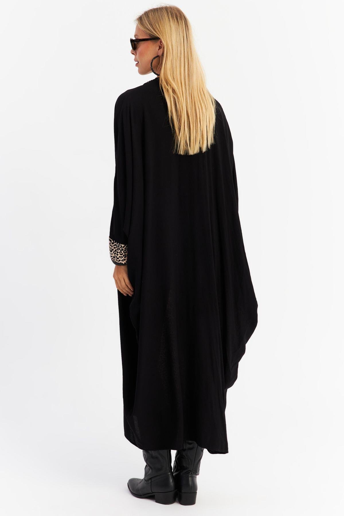 Kadın Camel-Siyah Leopar Bloklu Maxi Elbise MALO15