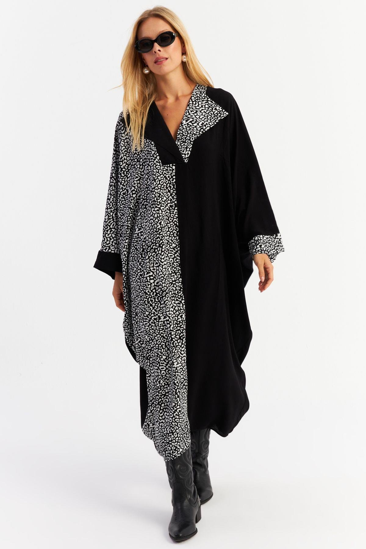 Kadın Camel-Siyah Leopar Bloklu Maxi Elbise MALO15