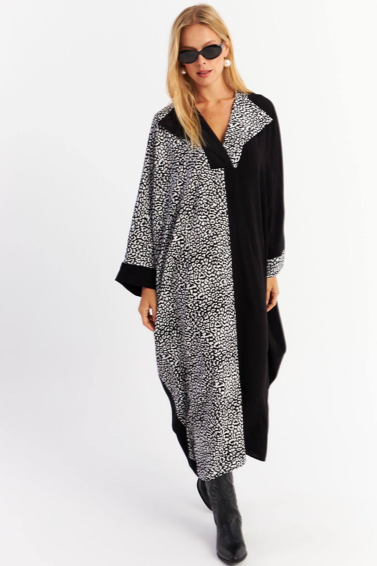 Kadın Camel-Siyah Leopar Bloklu Maxi Elbise MALO15