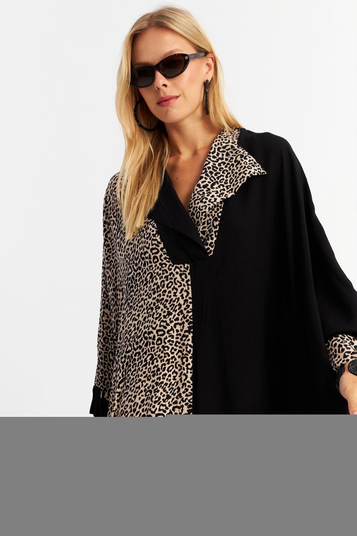Kadın Camel-Siyah Leopar Bloklu Maxi Elbise MALO15