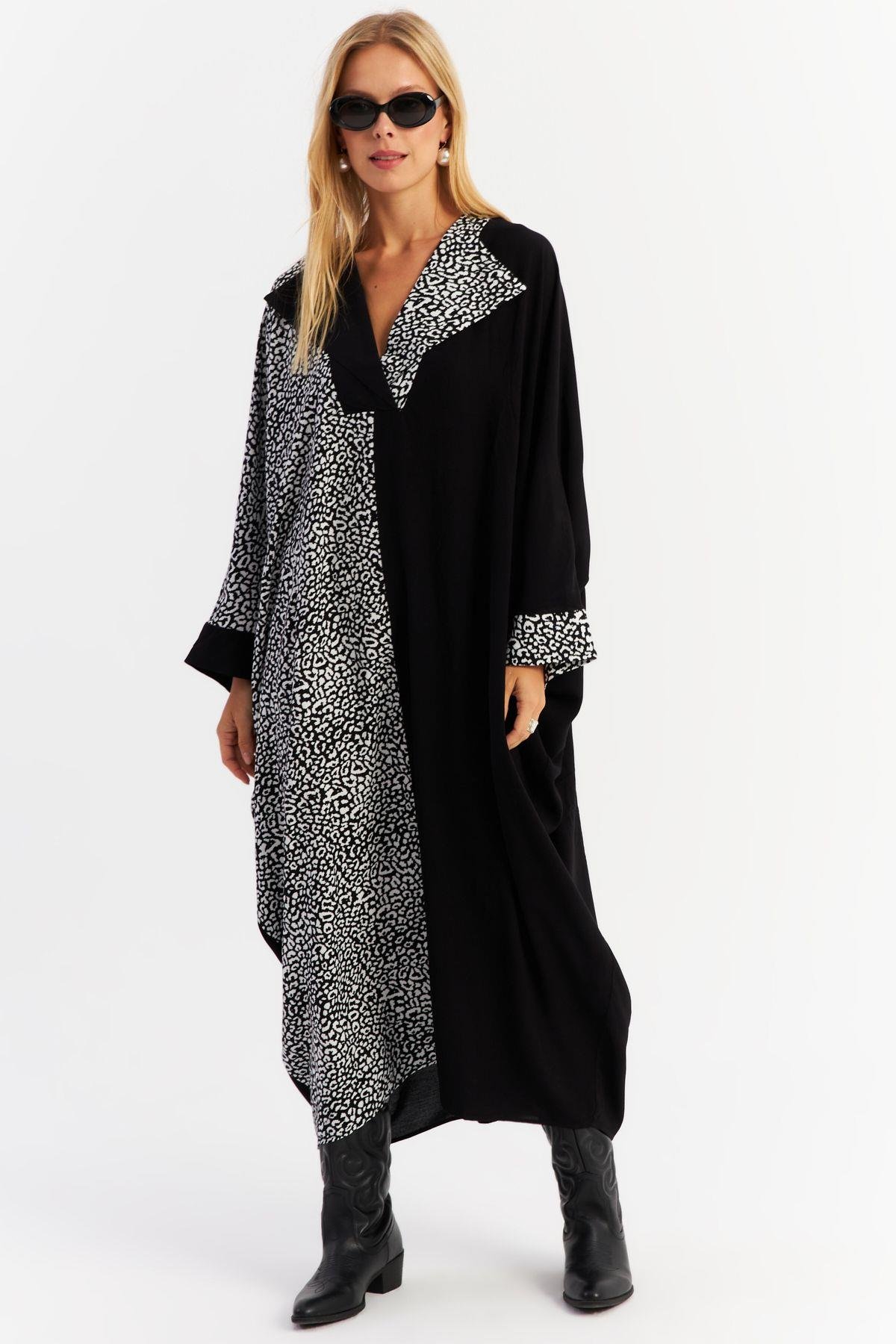Kadın Camel-Siyah Leopar Bloklu Maxi Elbise MALO15