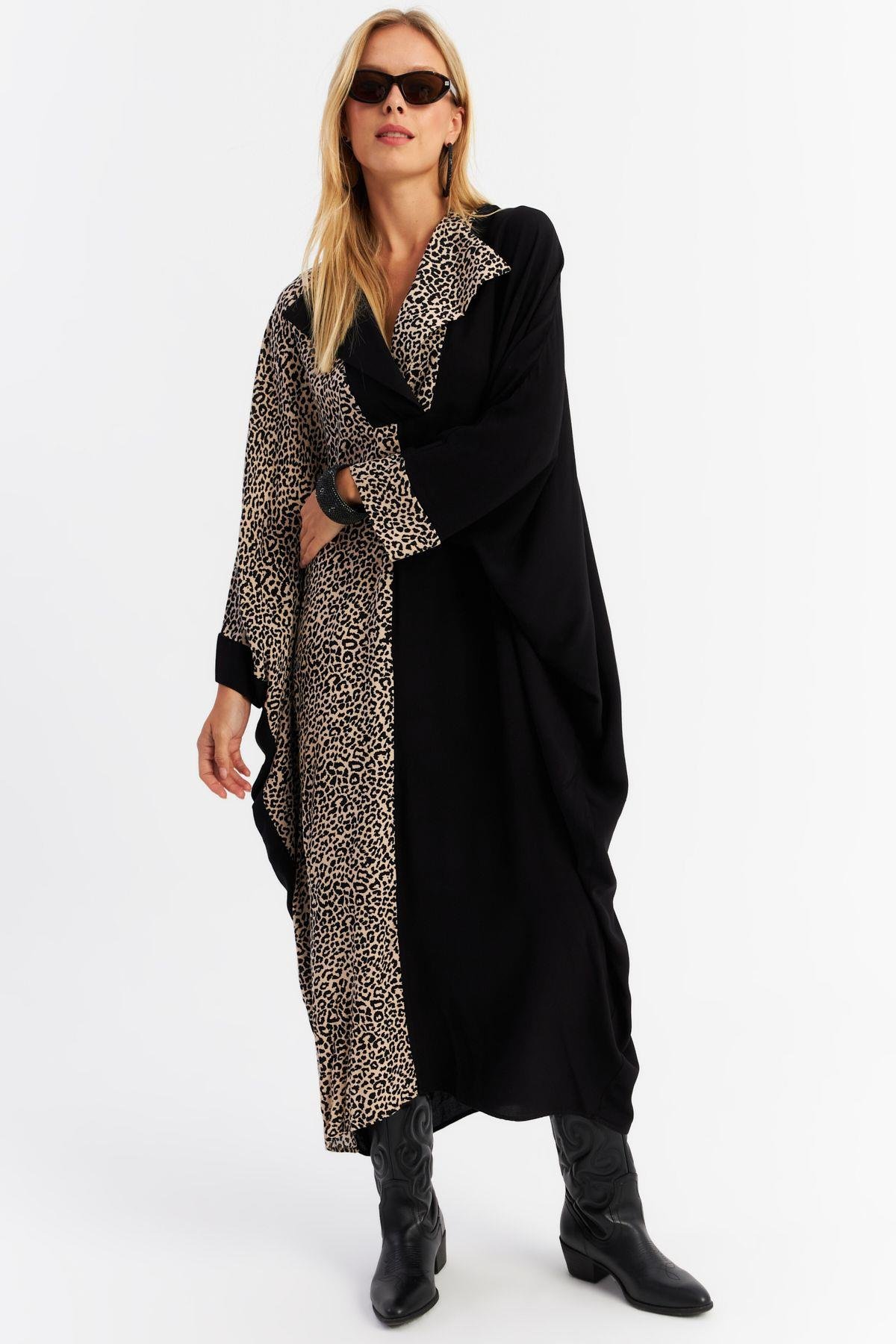 Kadın Camel-Siyah Leopar Bloklu Maxi Elbise MALO15