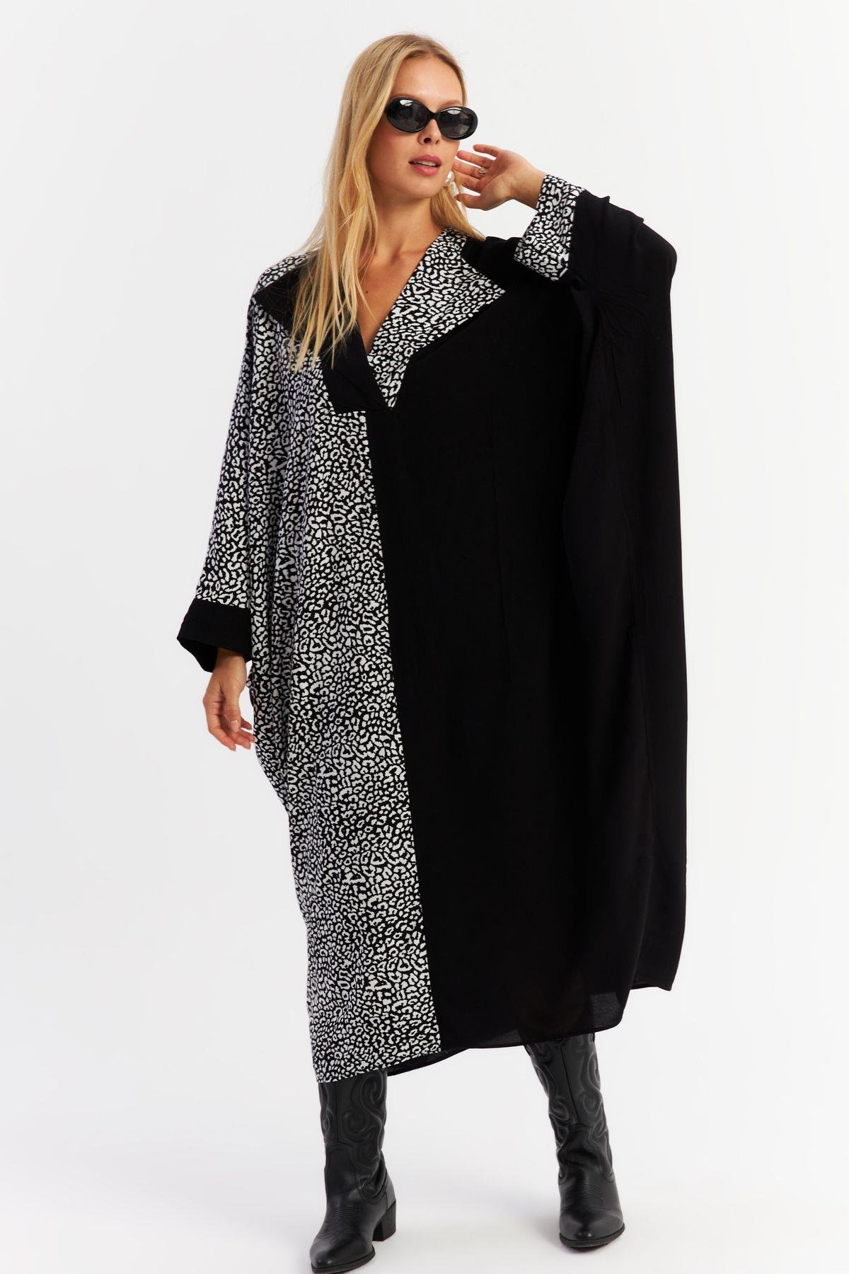 Kadın Camel-Siyah Leopar Bloklu Maxi Elbise MALO15
