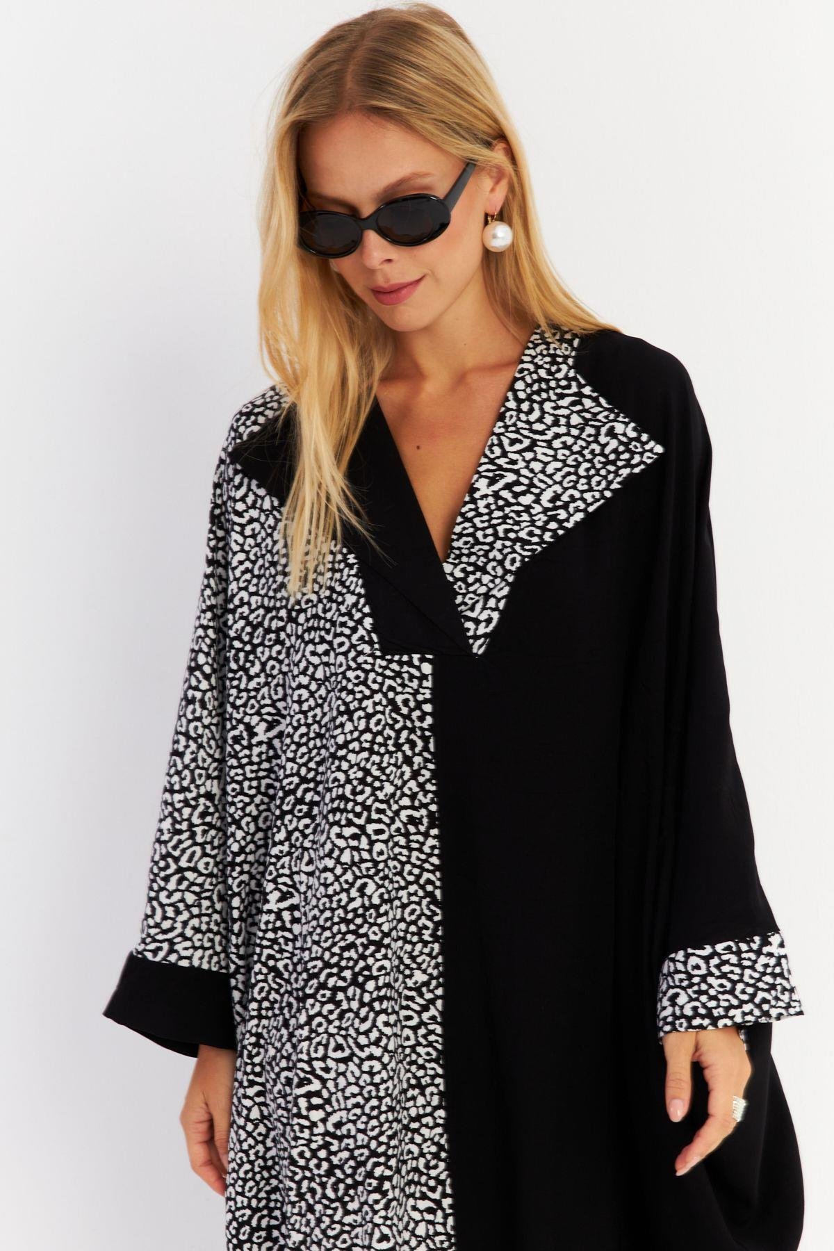 Kadın Camel-Siyah Leopar Bloklu Maxi Elbise MALO15