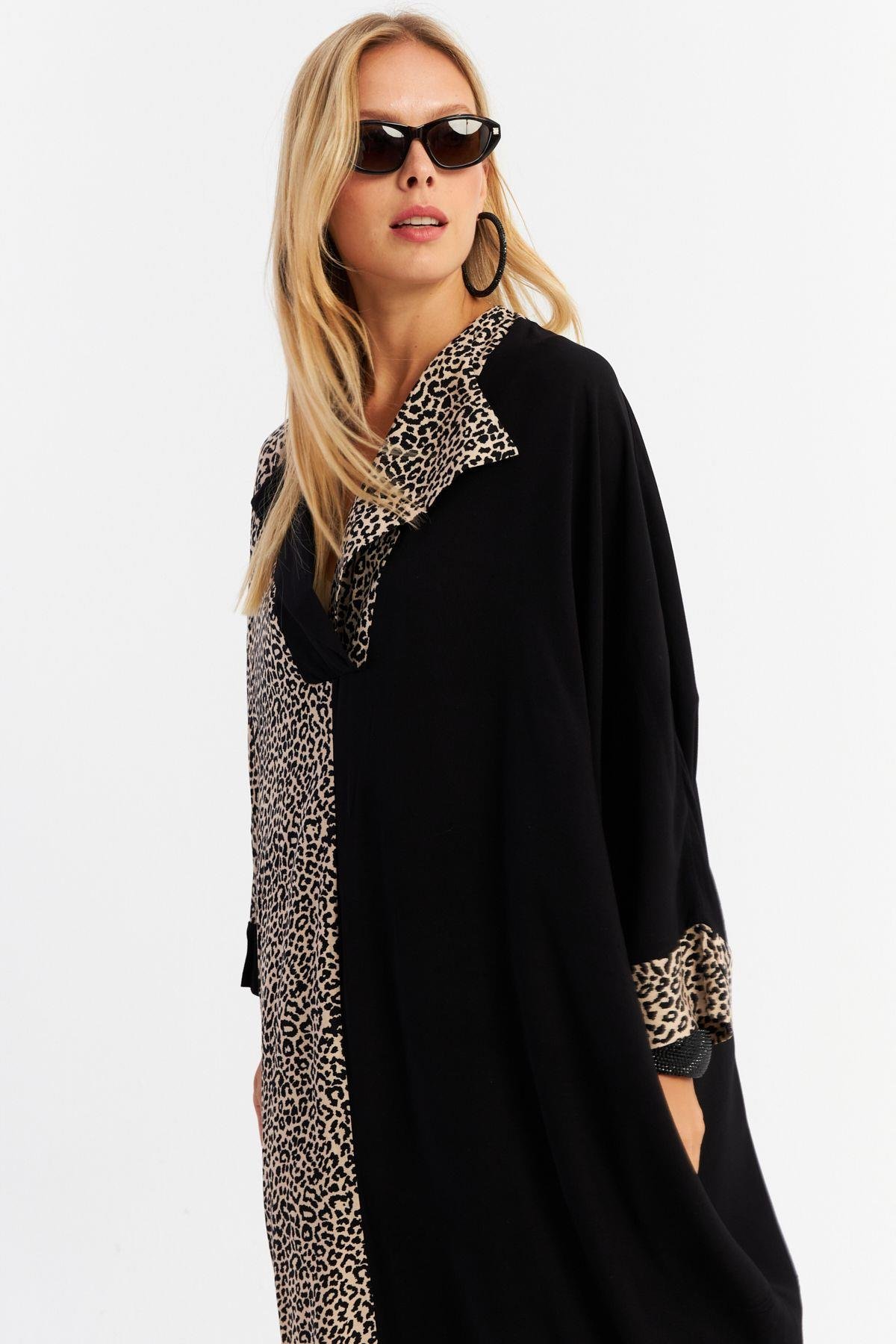 Kadın Camel-Siyah Leopar Bloklu Maxi Elbise MALO15