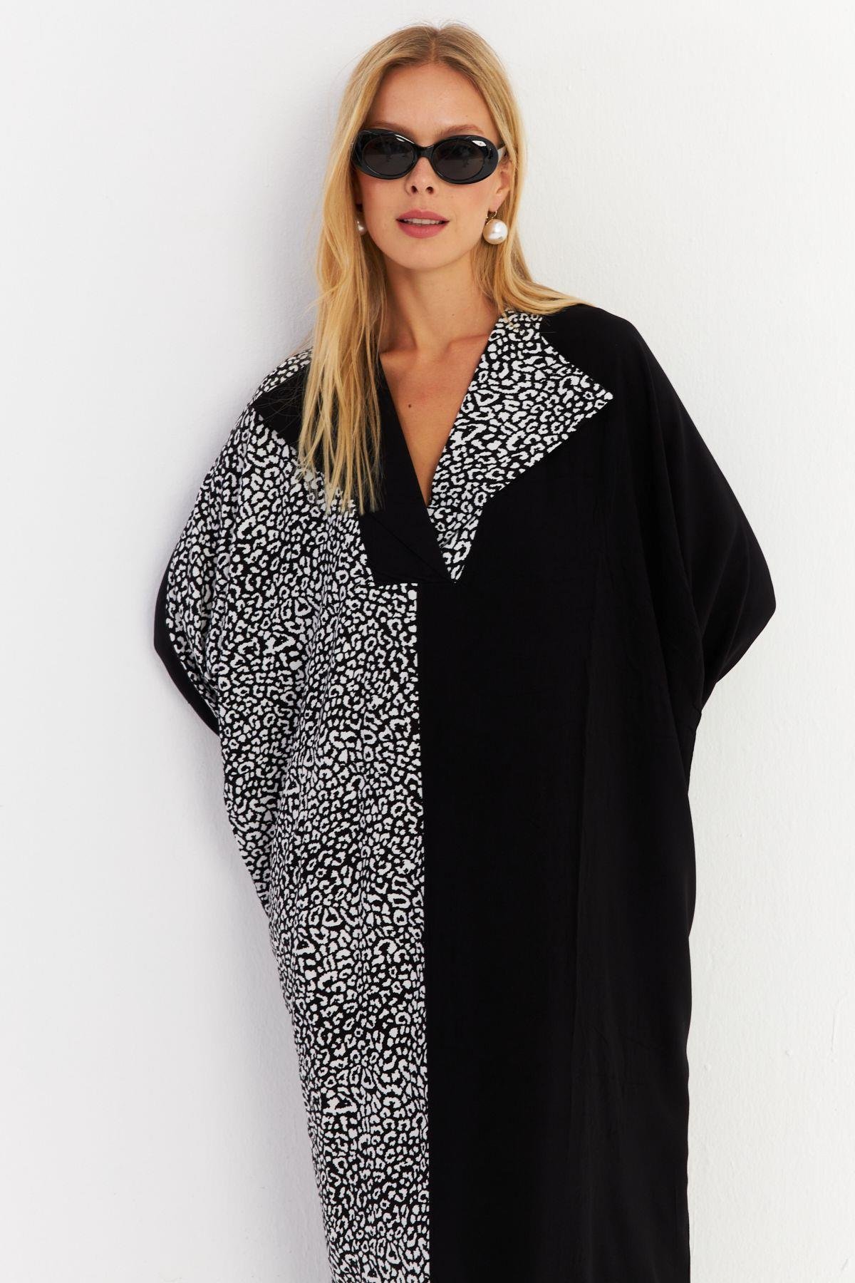 Kadın Camel-Siyah Leopar Bloklu Maxi Elbise MALO15