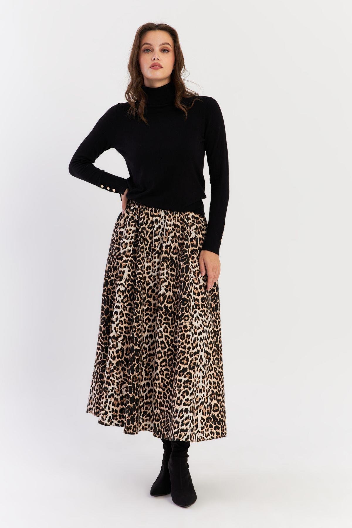 Kadın Camel-Siyah Leopar Çan Etek ELA3951