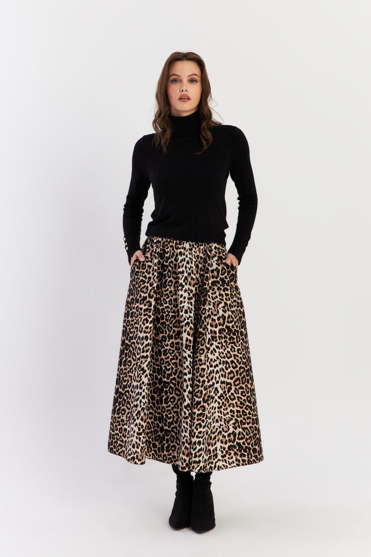 Kadın Camel-Siyah Leopar Çan Etek ELA3951