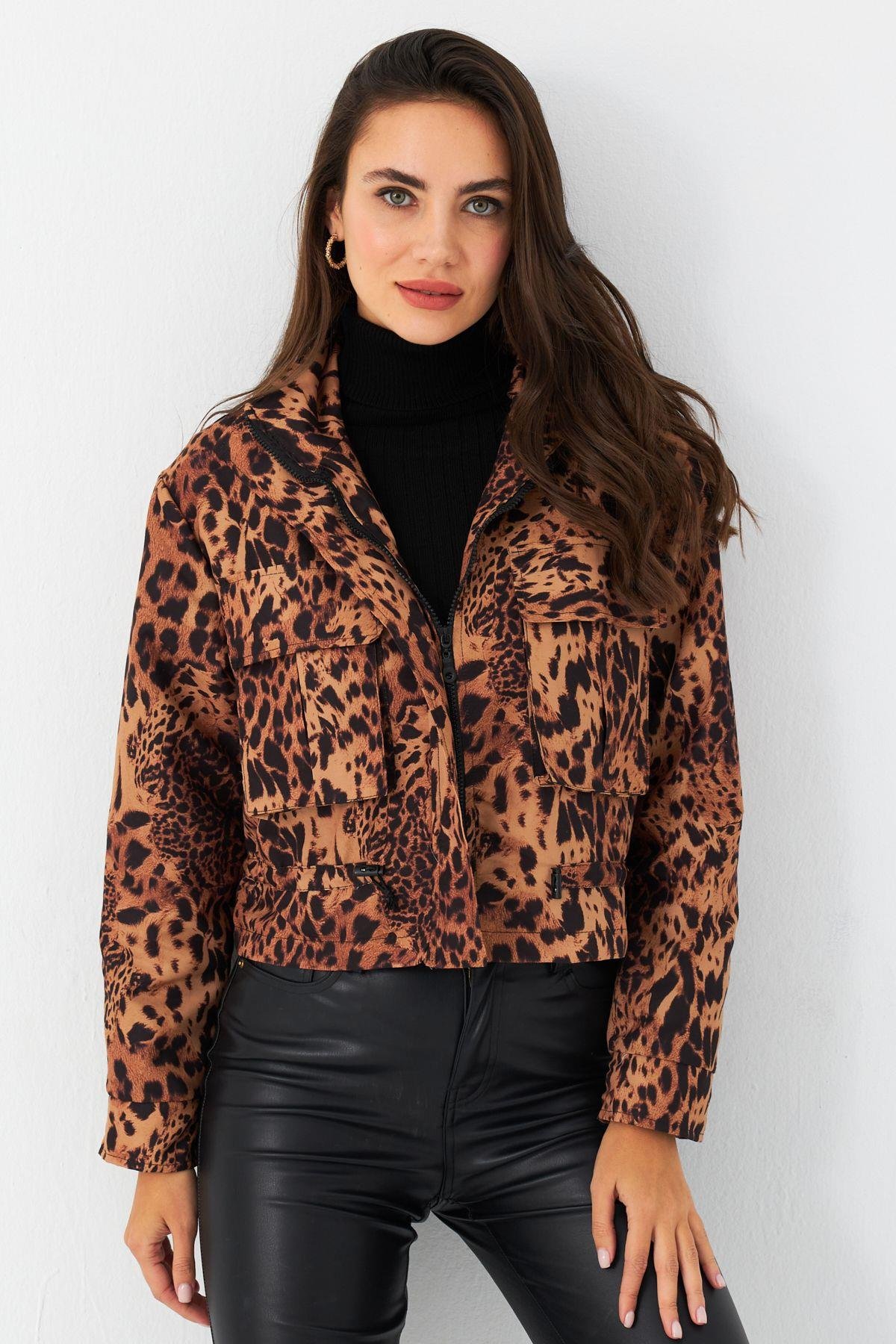 Kadın Camel-Siyah Leopar Crop Ceket ELT1001