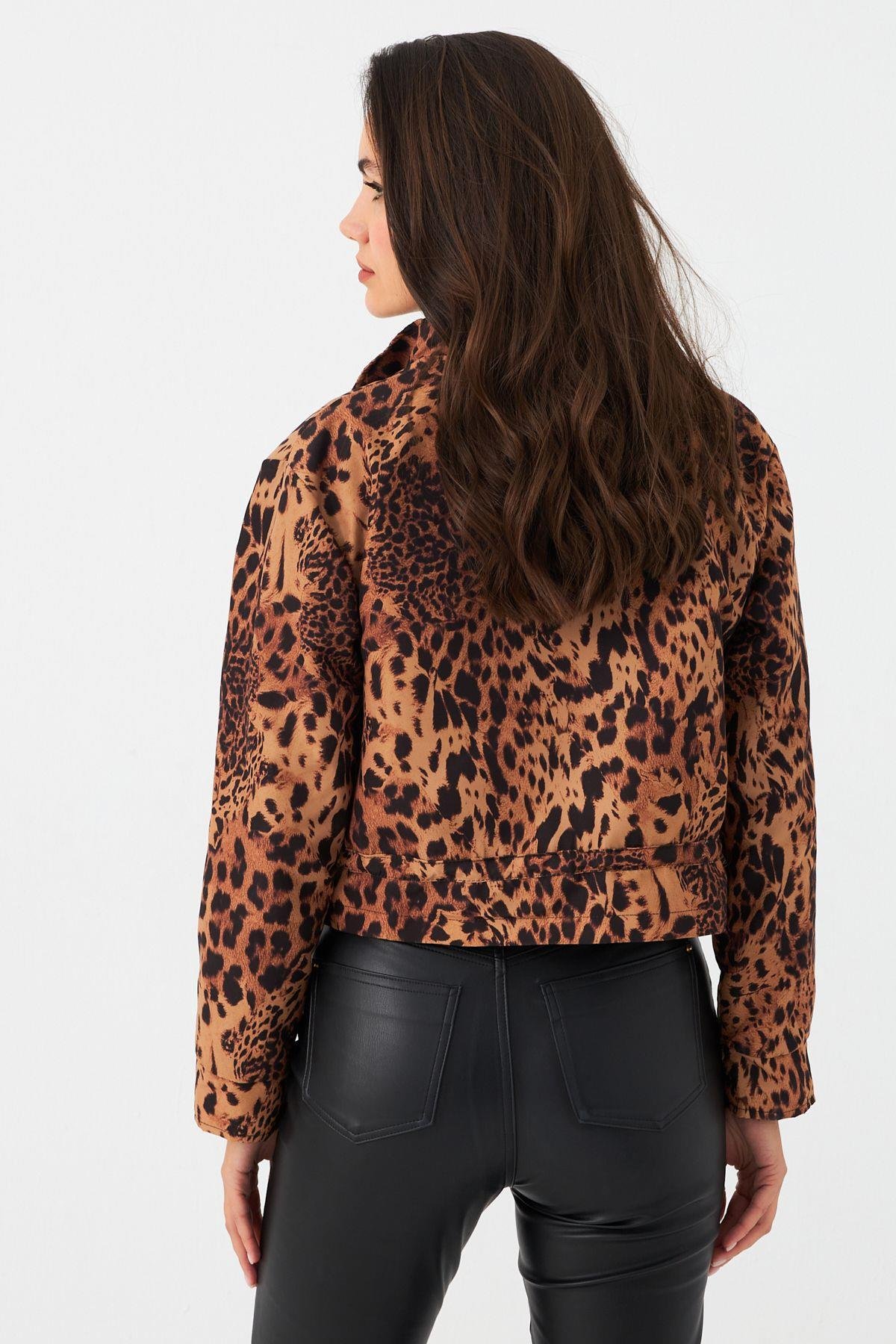 Kadın Camel-Siyah Leopar Crop Ceket ELT1001