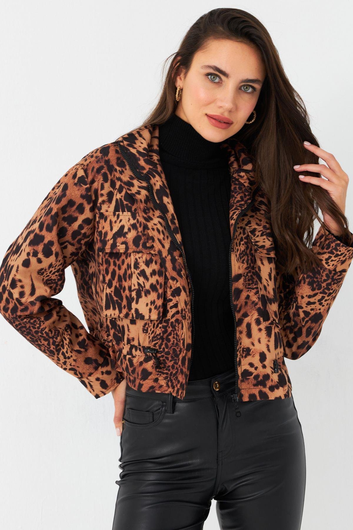 Kadın Camel-Siyah Leopar Crop Ceket ELT1001