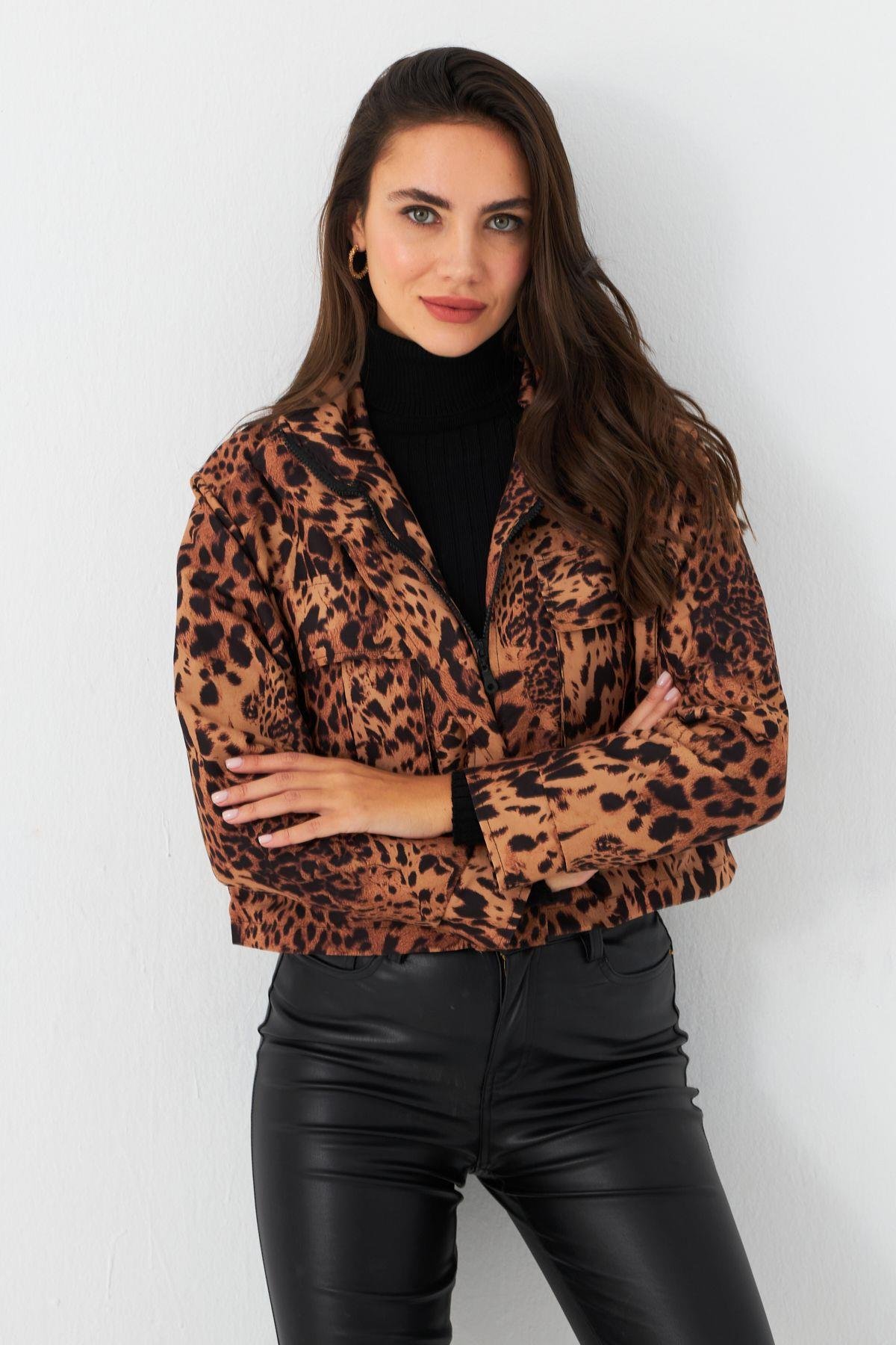 Kadın Camel-Siyah Leopar Crop Ceket ELT1001