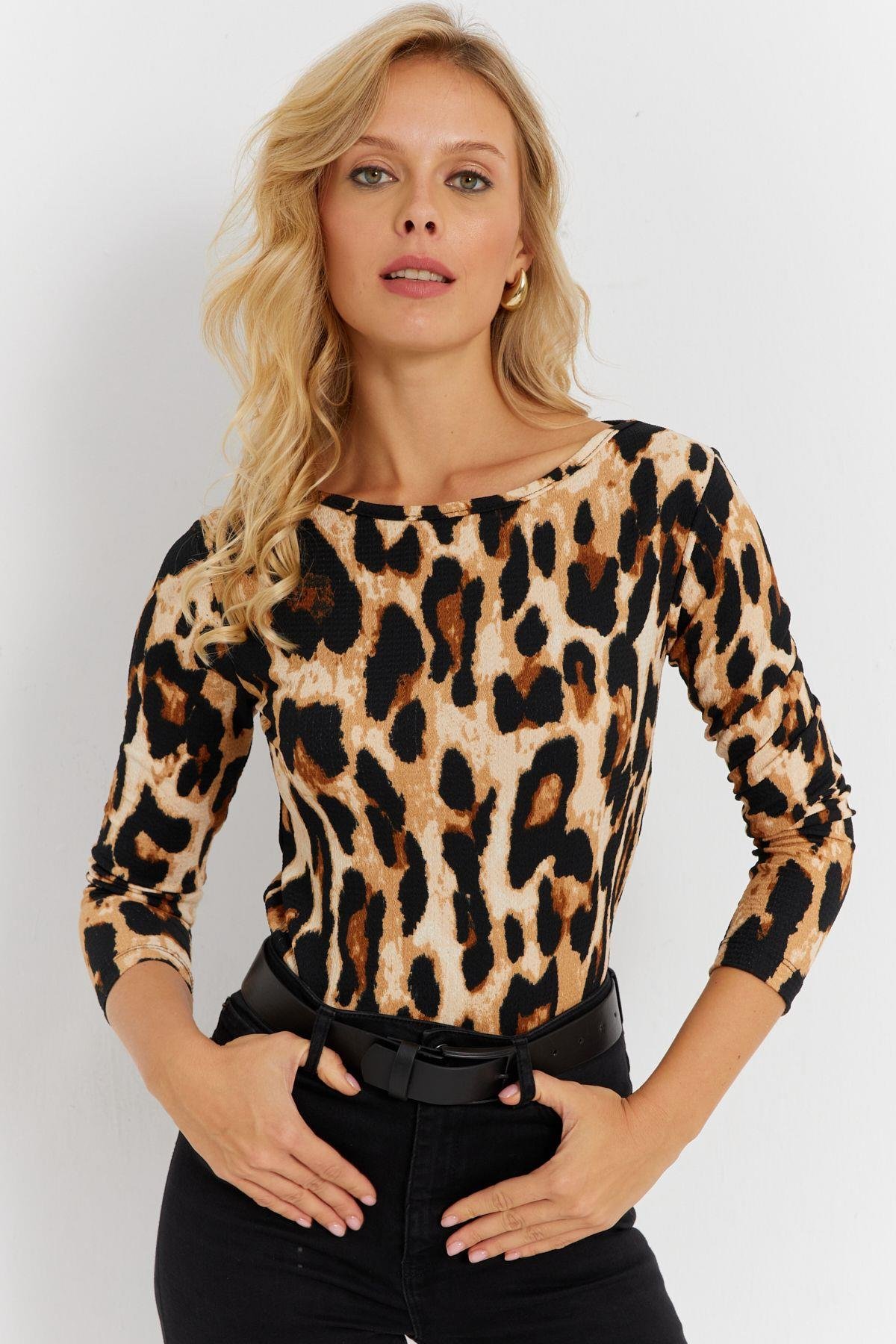 Kadın Camel-Siyah Leopar Desenli Bürümcük Bluz EY2894