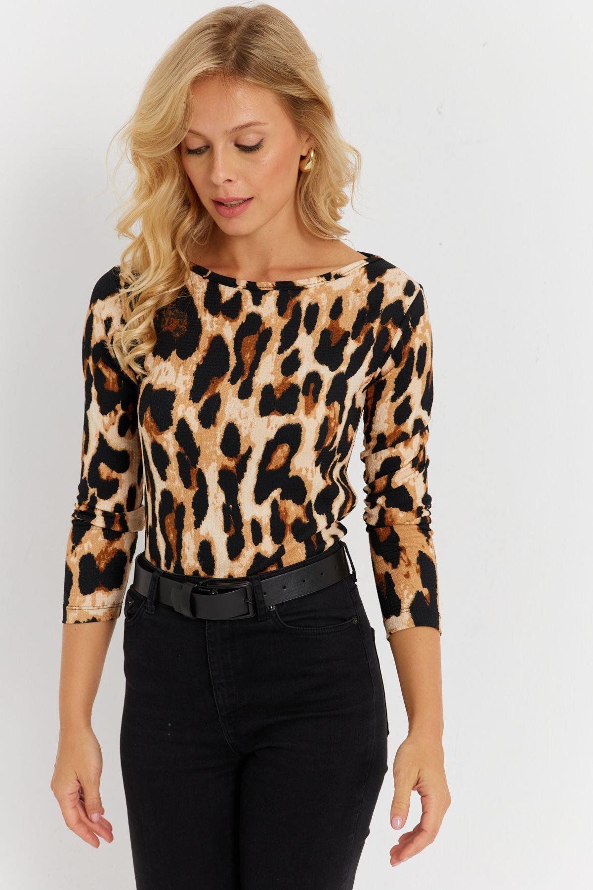 Kadın Camel-Siyah Leopar Desenli Bürümcük Bluz EY2894