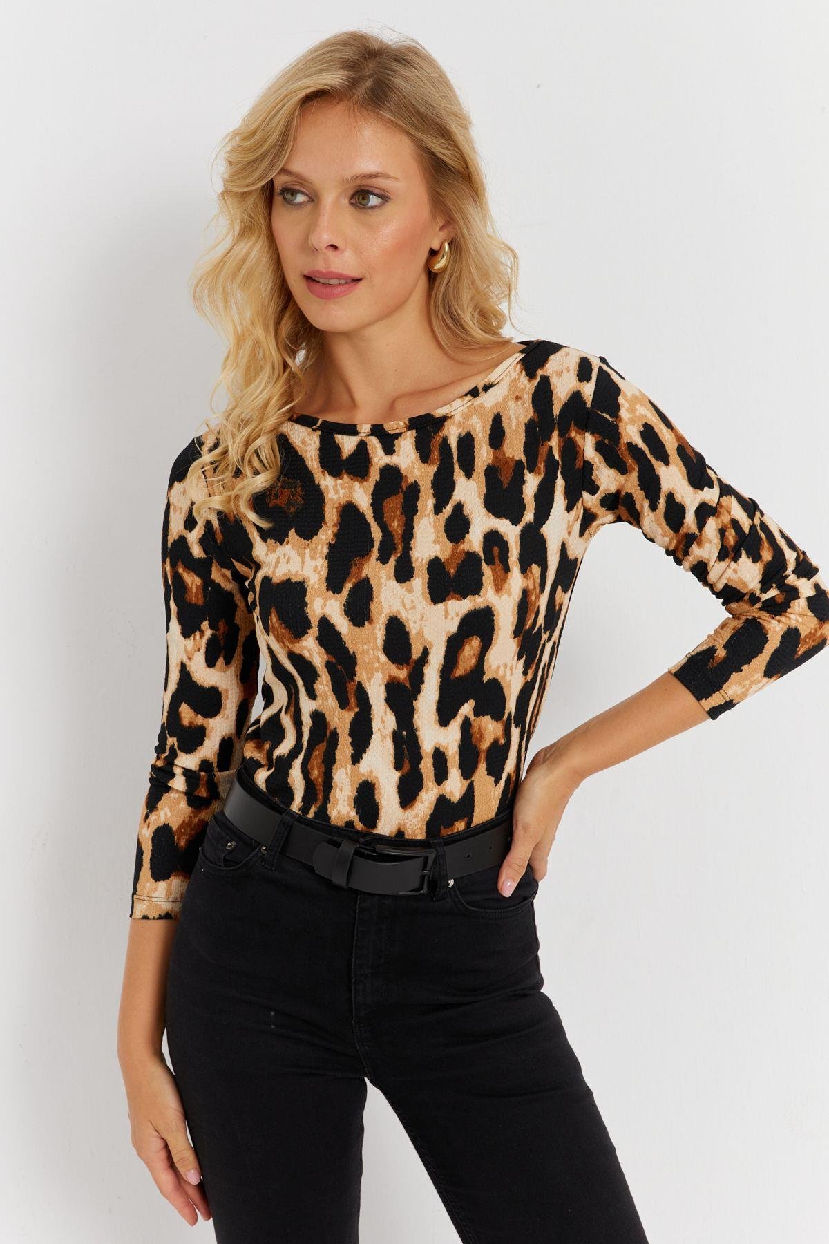 Kadın Camel-Siyah Leopar Desenli Bürümcük Bluz EY2894