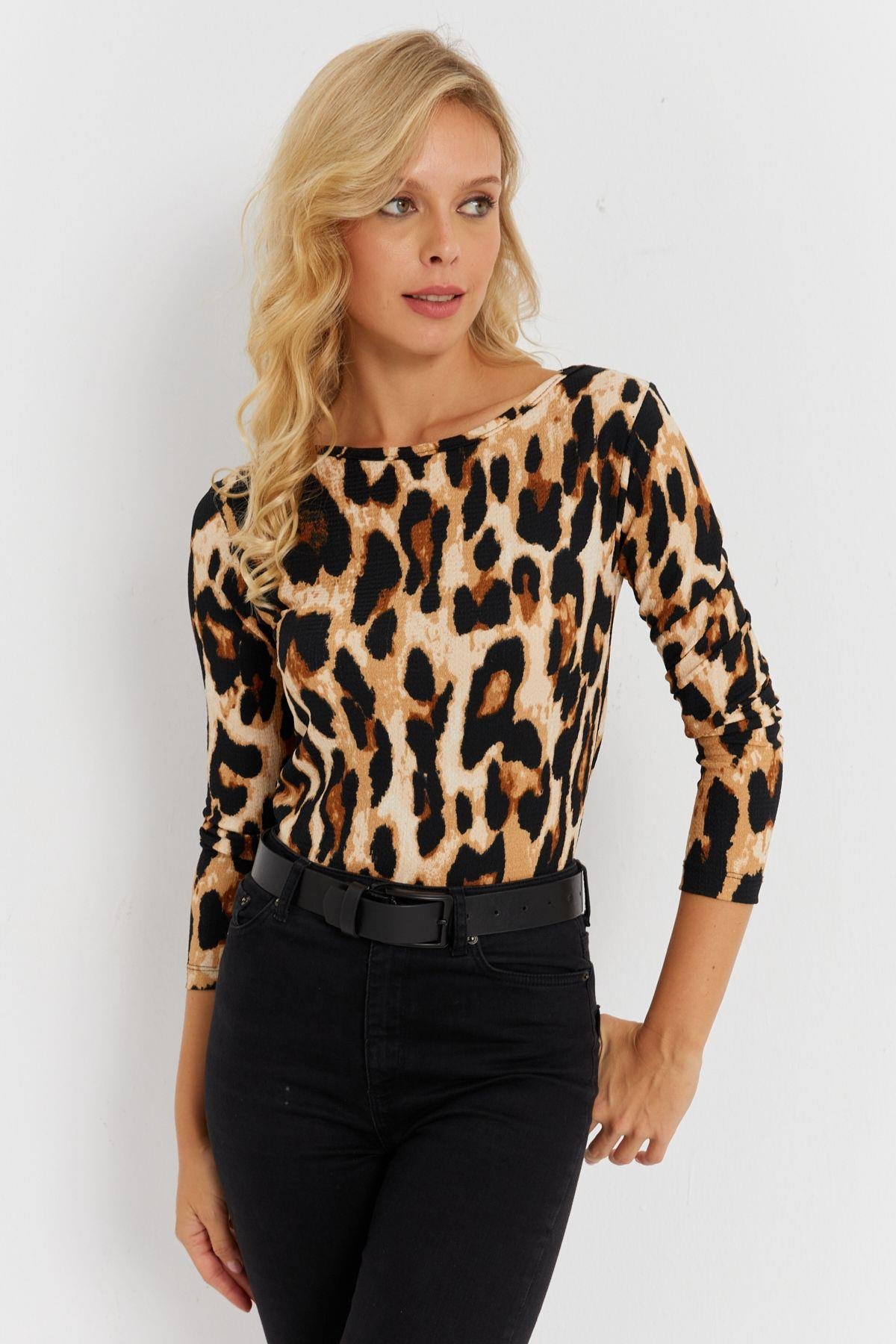 Kadın Camel-Siyah Leopar Desenli Bürümcük Bluz EY2894