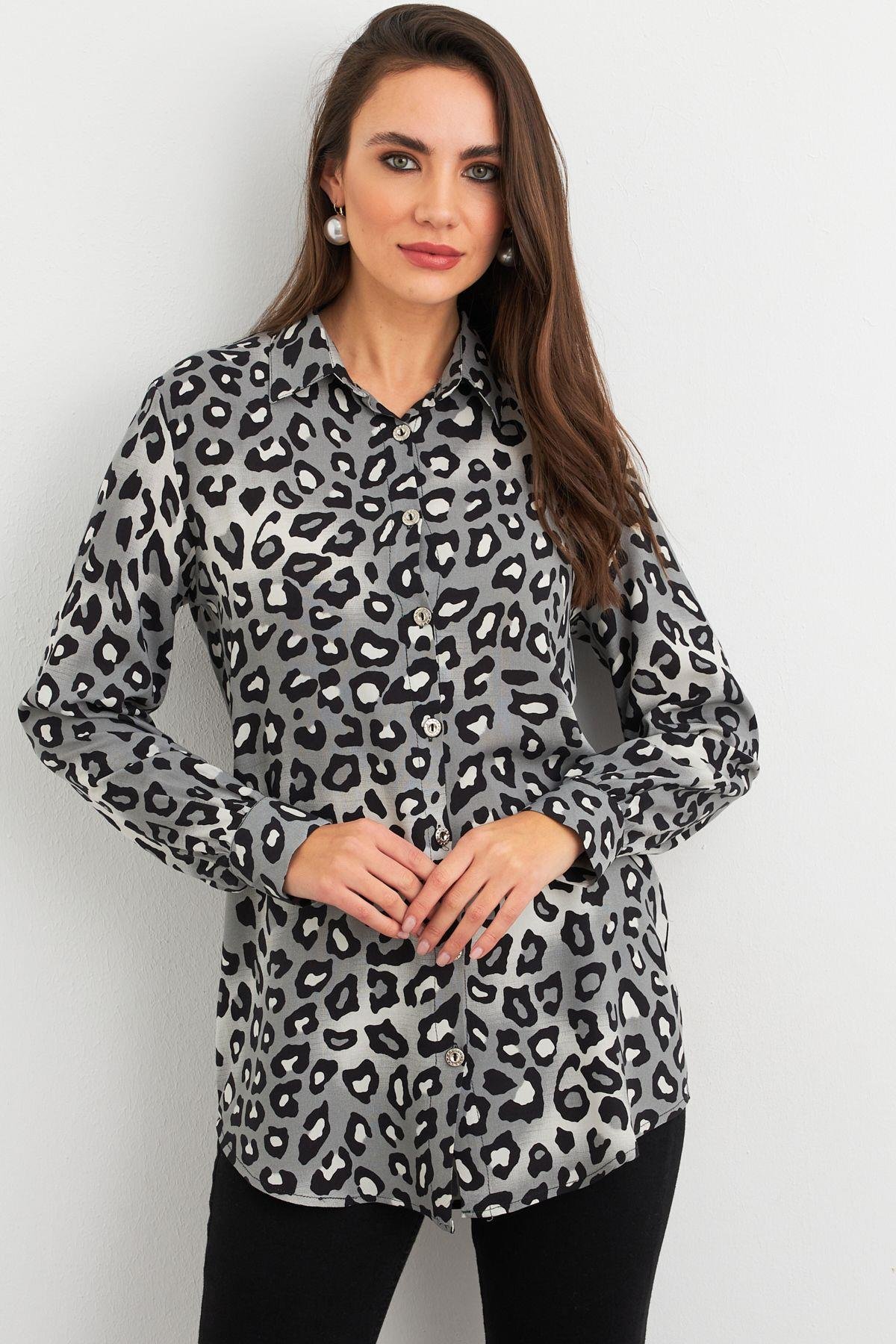 Kadın Camel-Siyah Leopar Desenli Gömlek MASF227