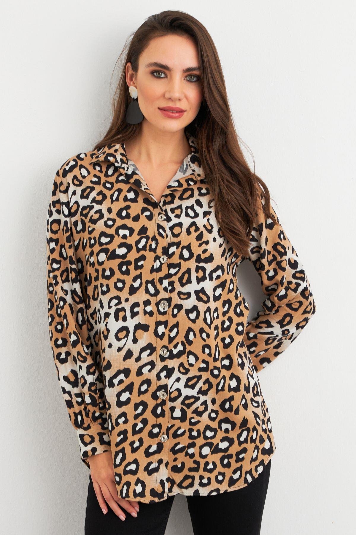 Kadın Camel-Siyah Leopar Desenli Gömlek MASF227