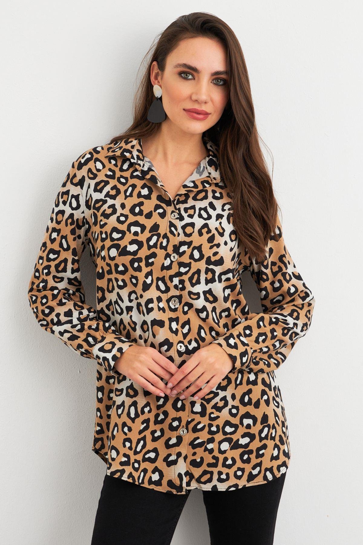Kadın Camel-Siyah Leopar Desenli Gömlek MASF227