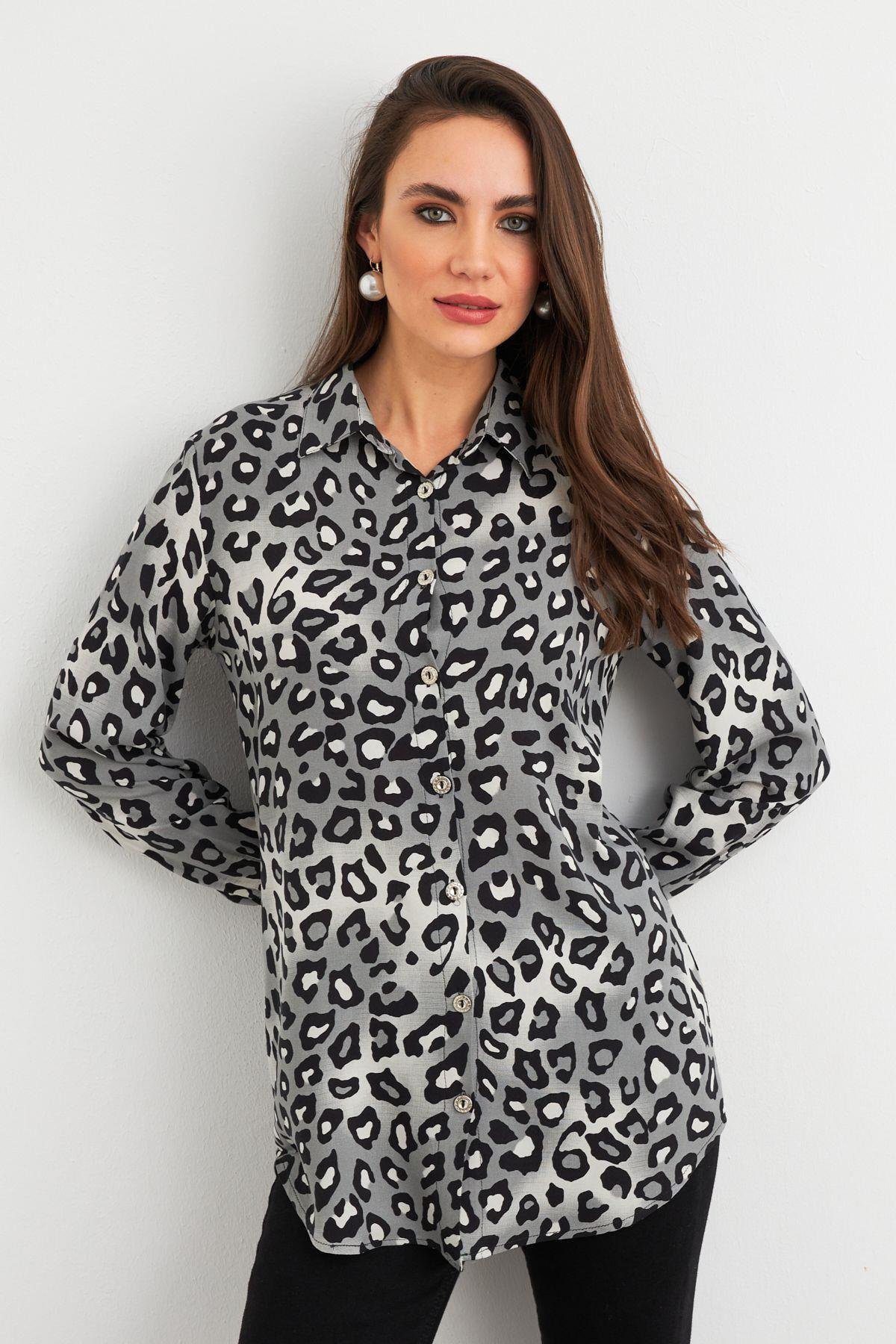 Kadın Camel-Siyah Leopar Desenli Gömlek MASF227