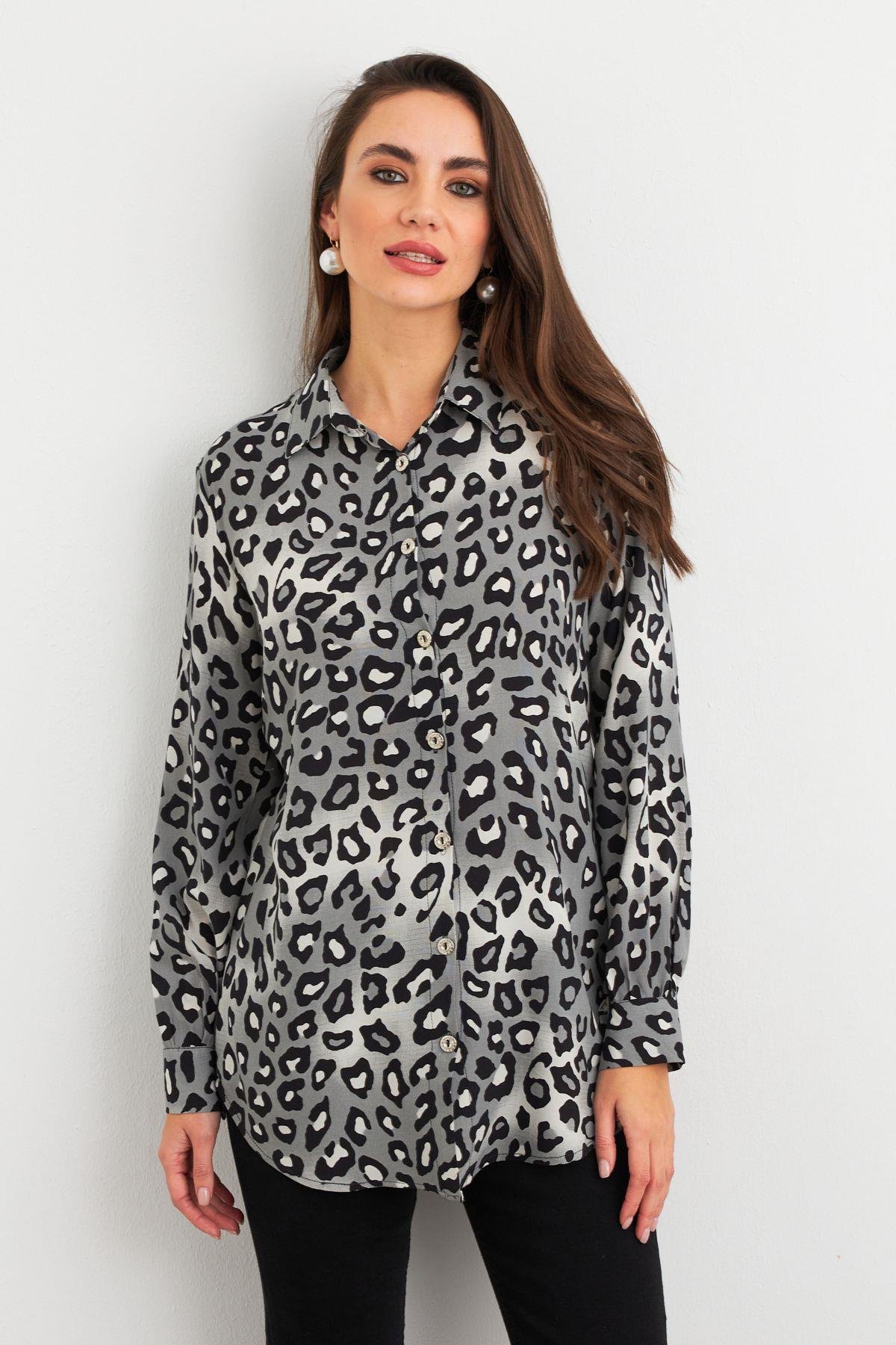 Kadın Camel-Siyah Leopar Desenli Gömlek MASF227