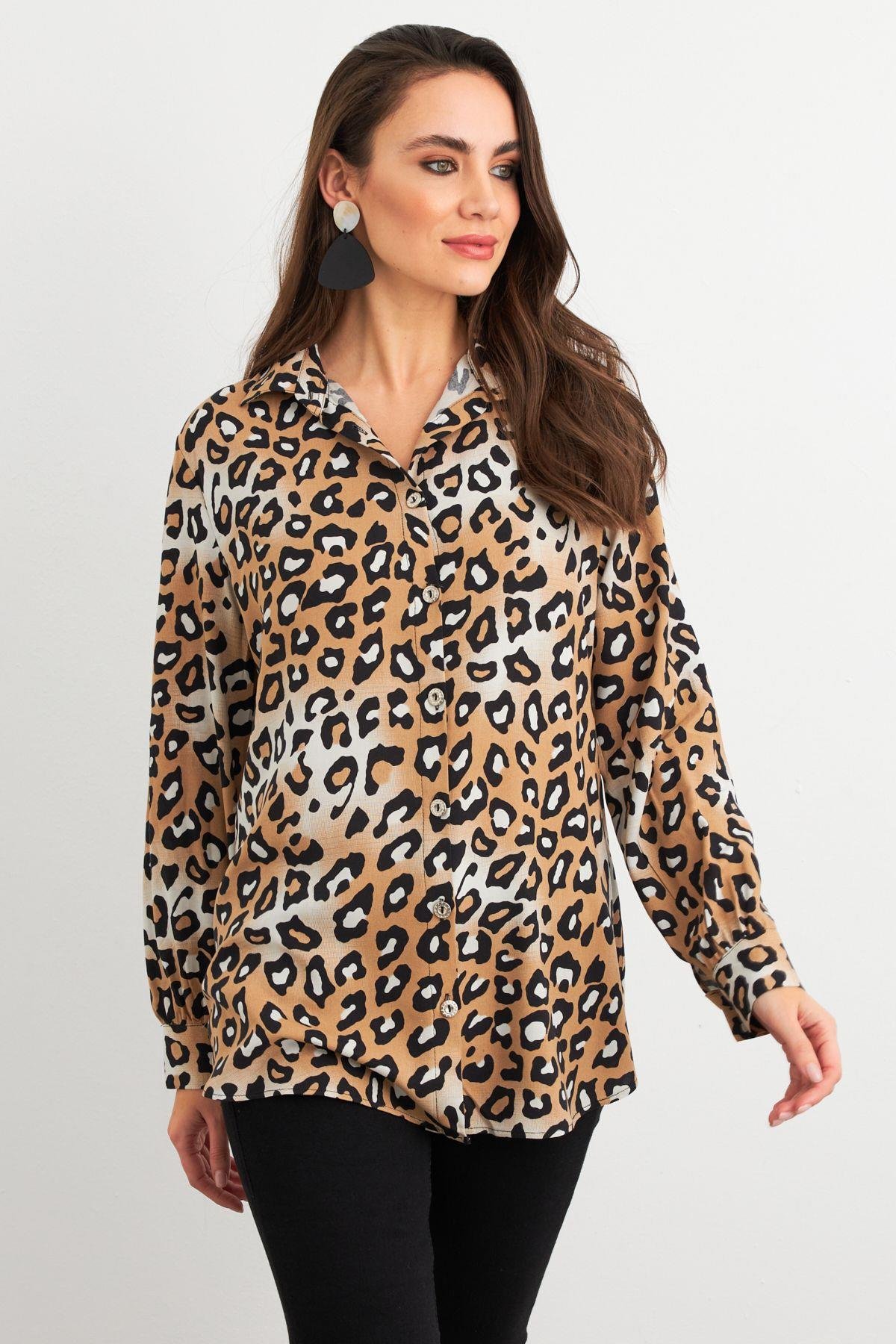 Kadın Camel-Siyah Leopar Desenli Gömlek MASF227