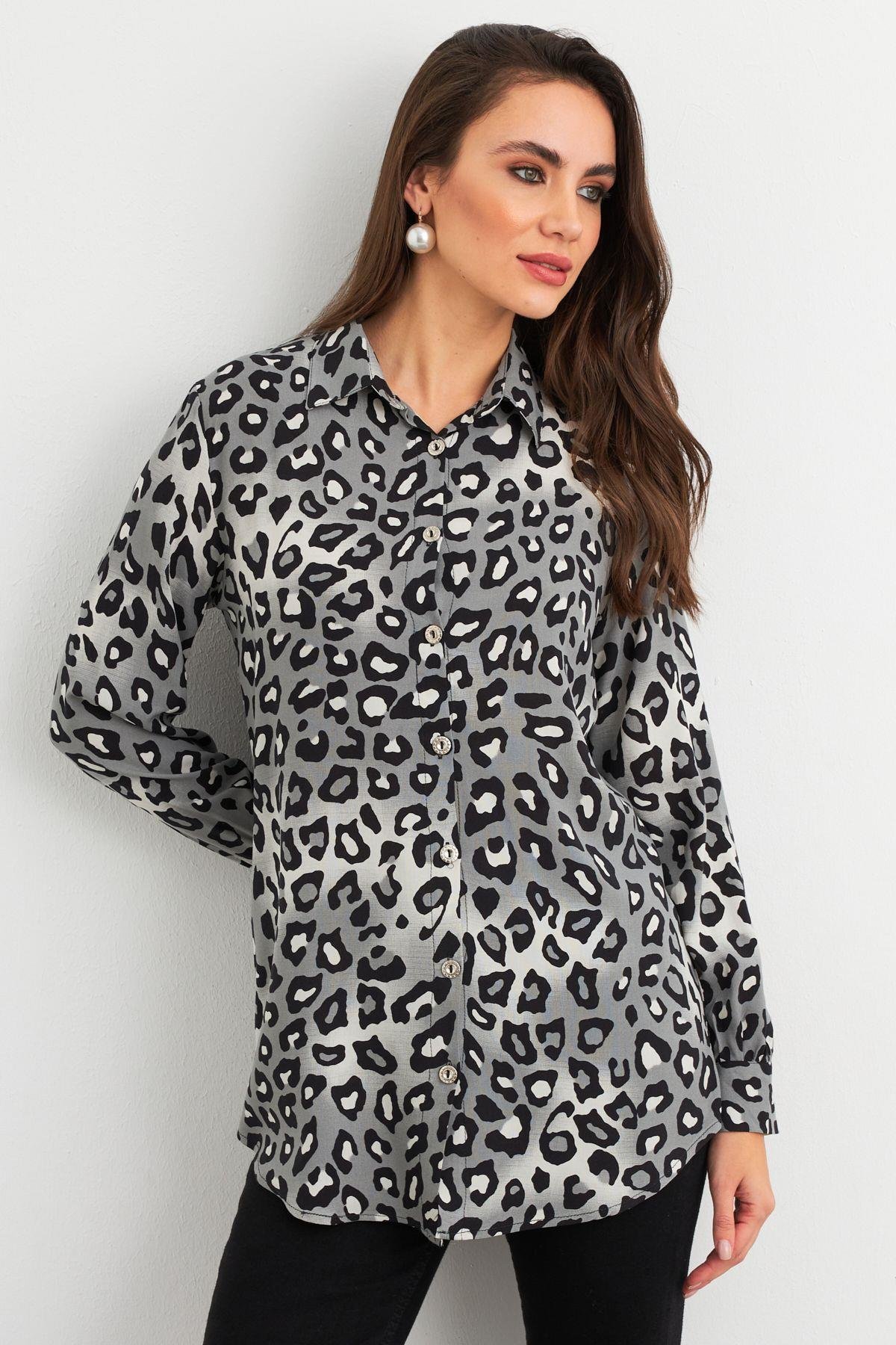 Kadın Camel-Siyah Leopar Desenli Gömlek MASF227