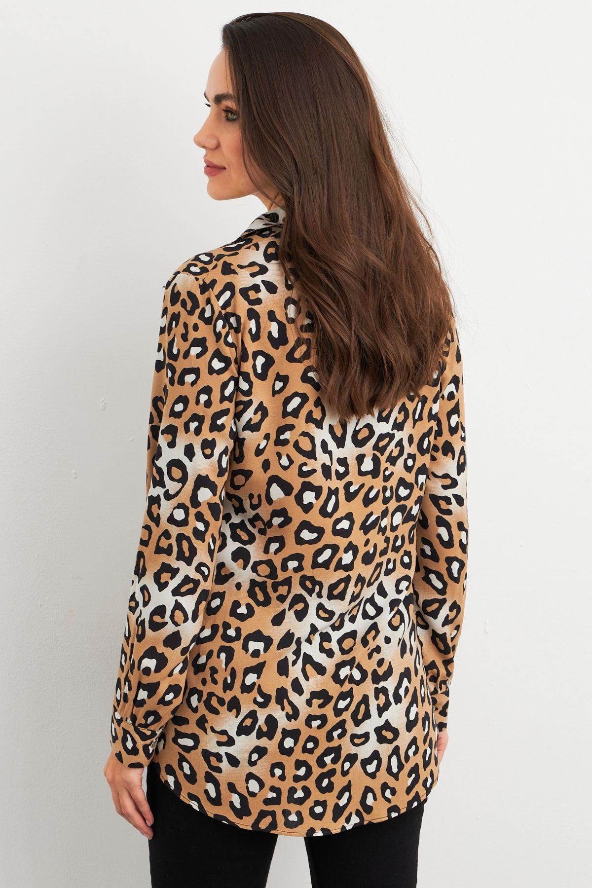 Kadın Camel-Siyah Leopar Desenli Gömlek MASF227