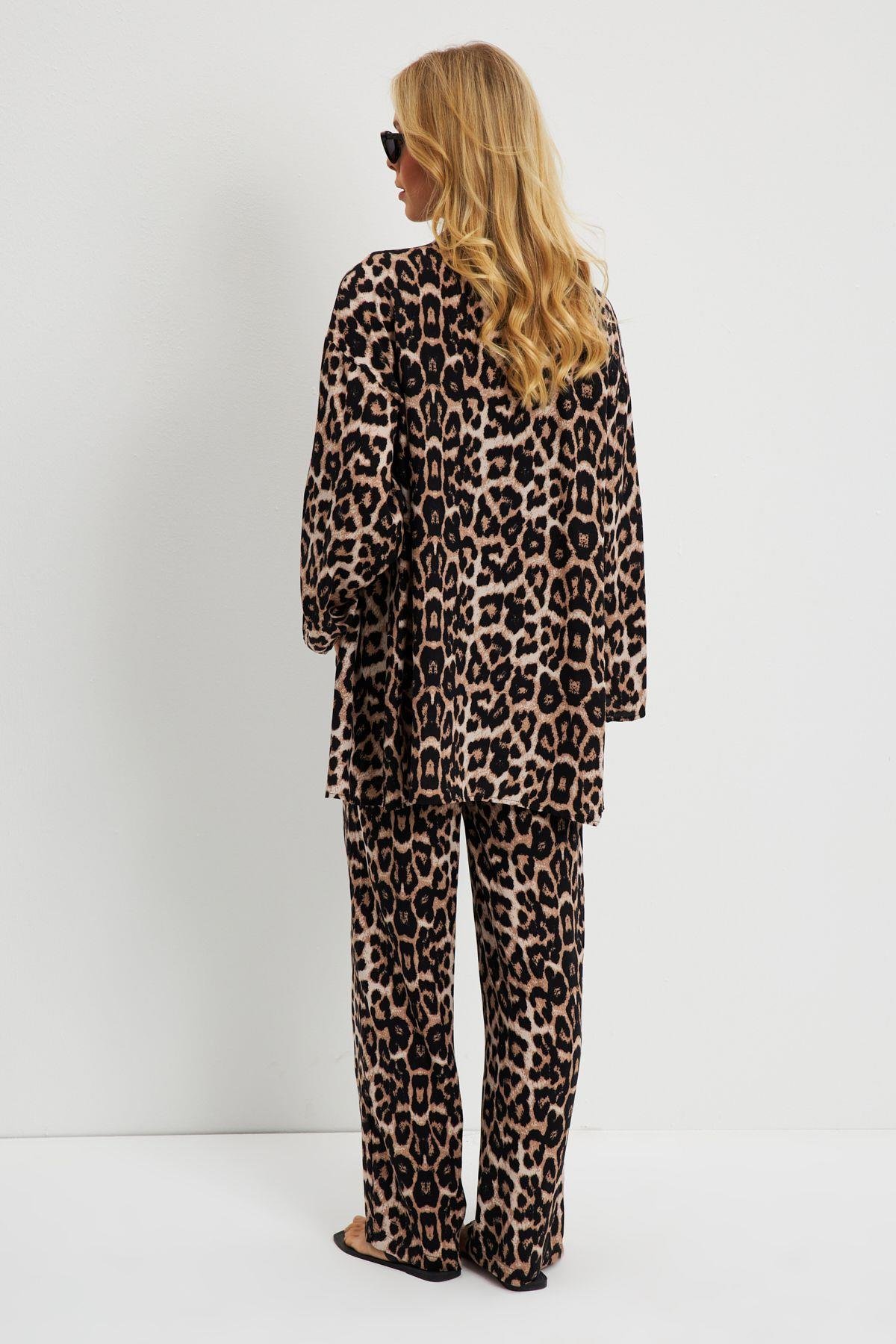 Kadın Camel-Siyah Leopar Desenli Kimono Takım GÇ163