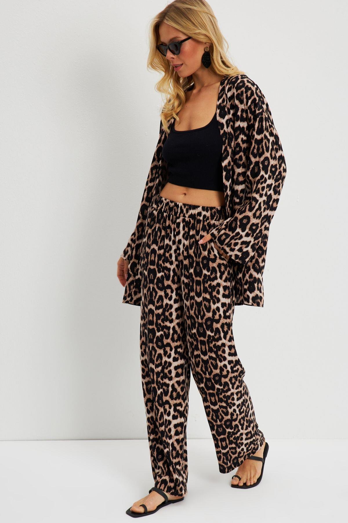 Kadın Camel-Siyah Leopar Desenli Kimono Takım GÇ163