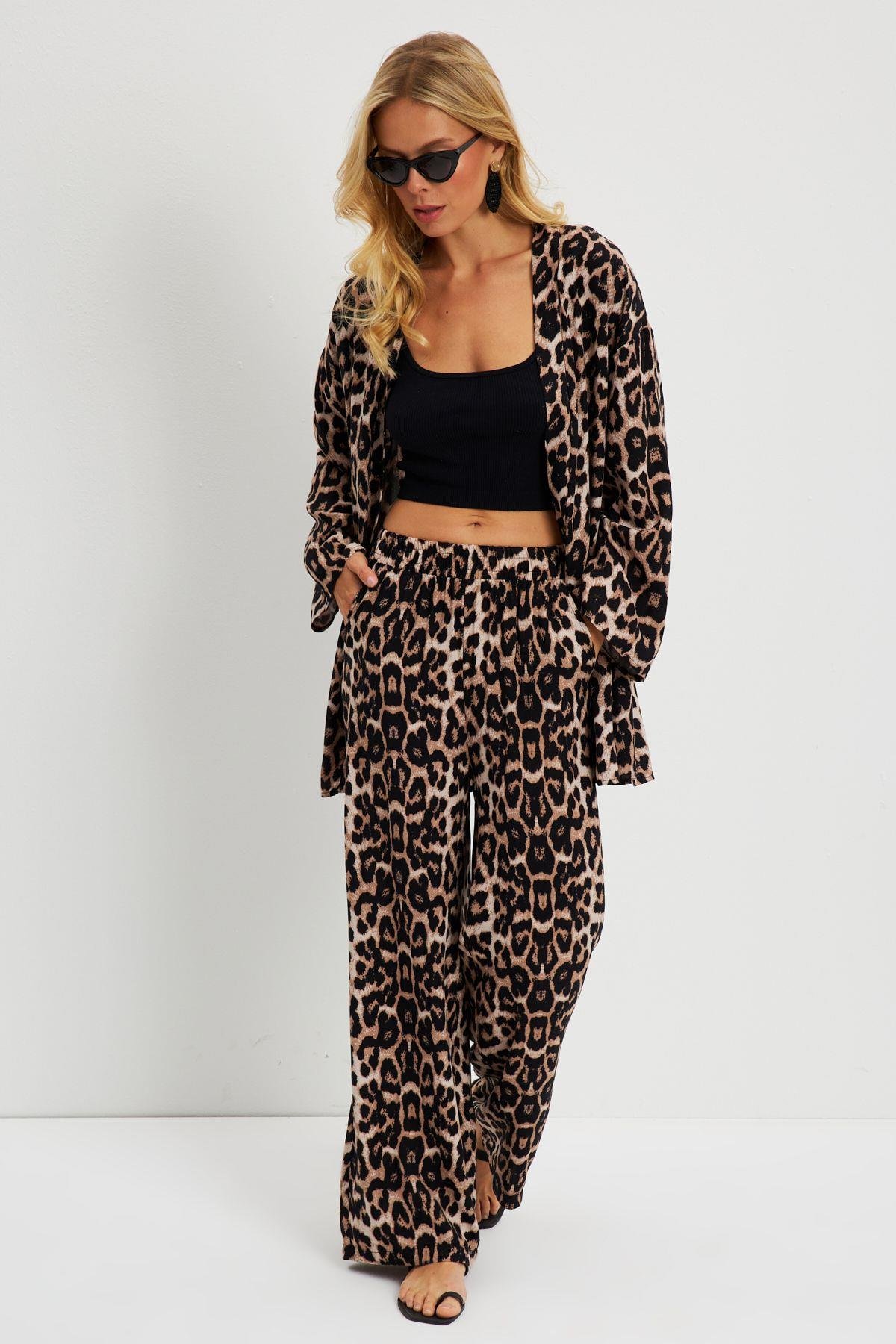 Kadın Camel-Siyah Leopar Desenli Kimono Takım GÇ163