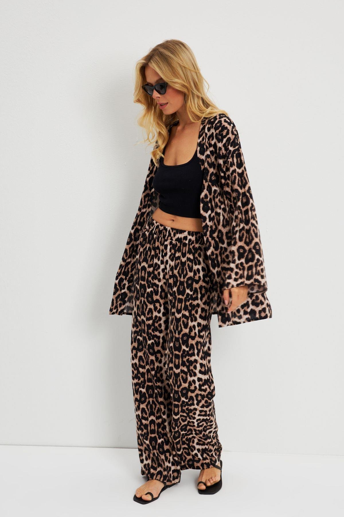 Kadın Camel-Siyah Leopar Desenli Kimono Takım GÇ163