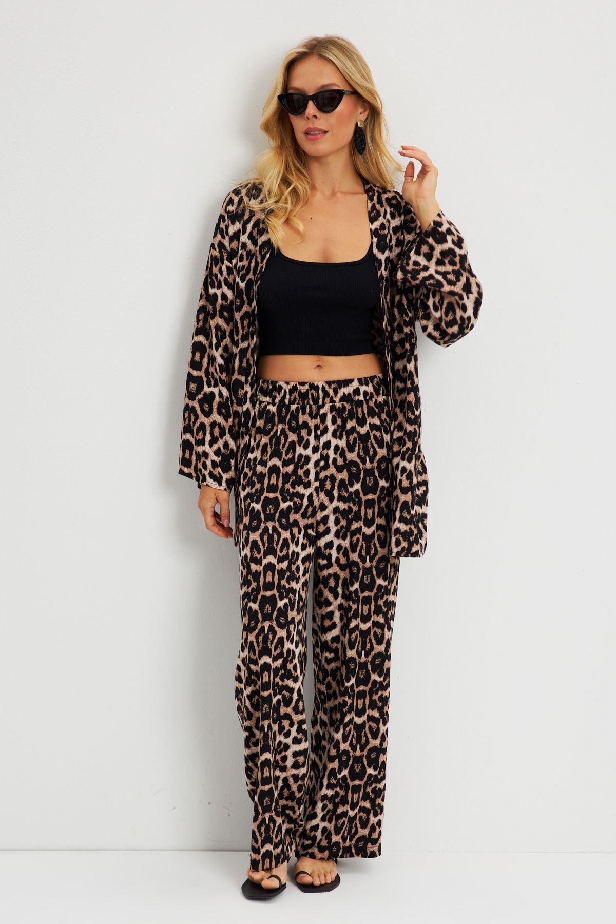 Kadın Camel-Siyah Leopar Desenli Kimono Takım GÇ163