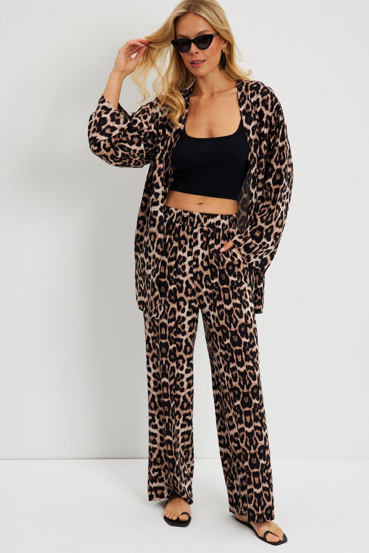 Kadın Camel-Siyah Leopar Desenli Kimono Takım GÇ163