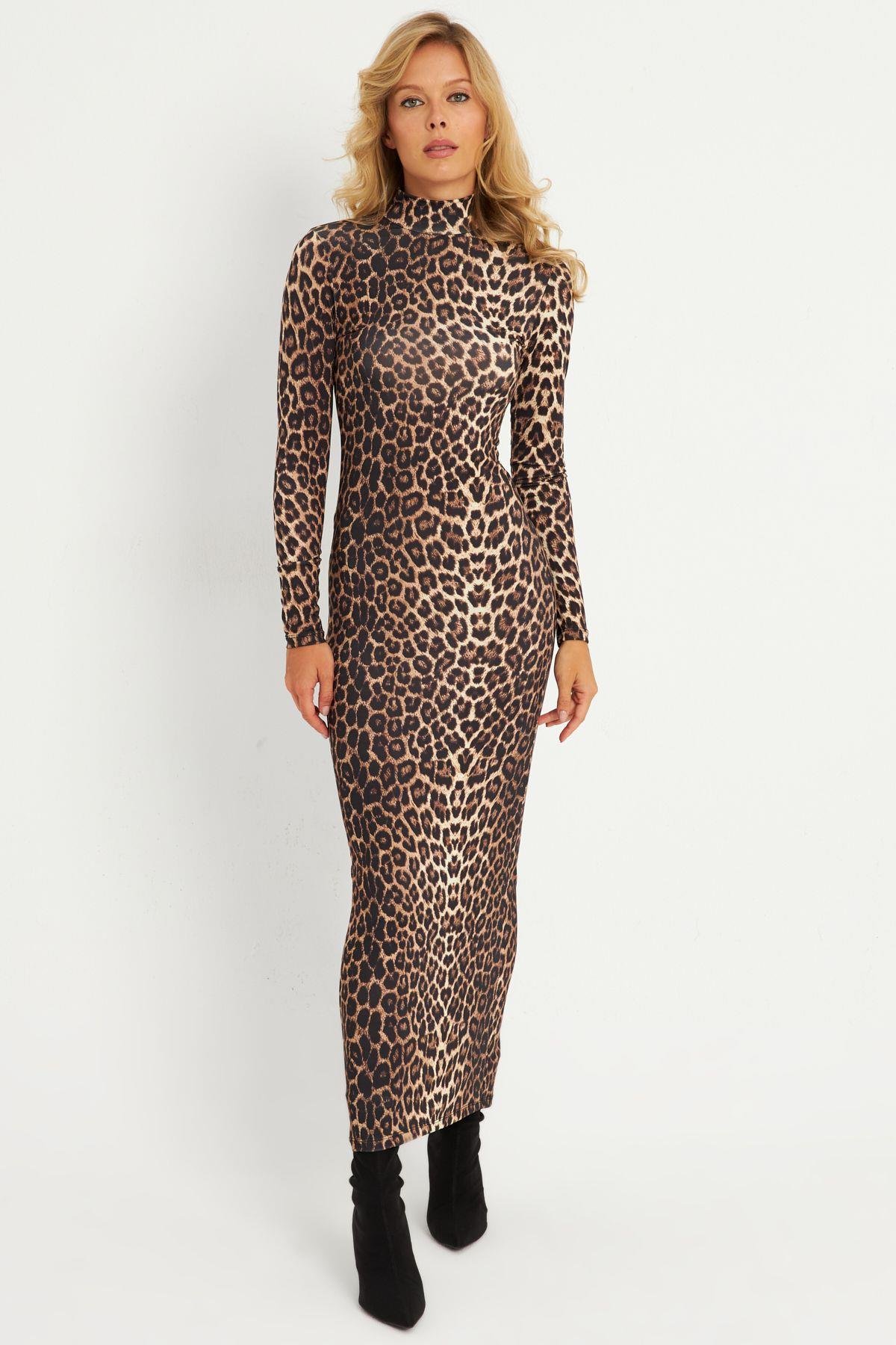Kadın Camel-Siyah Leopar Desenli Maxi Yılbaşı Elbise LİK07