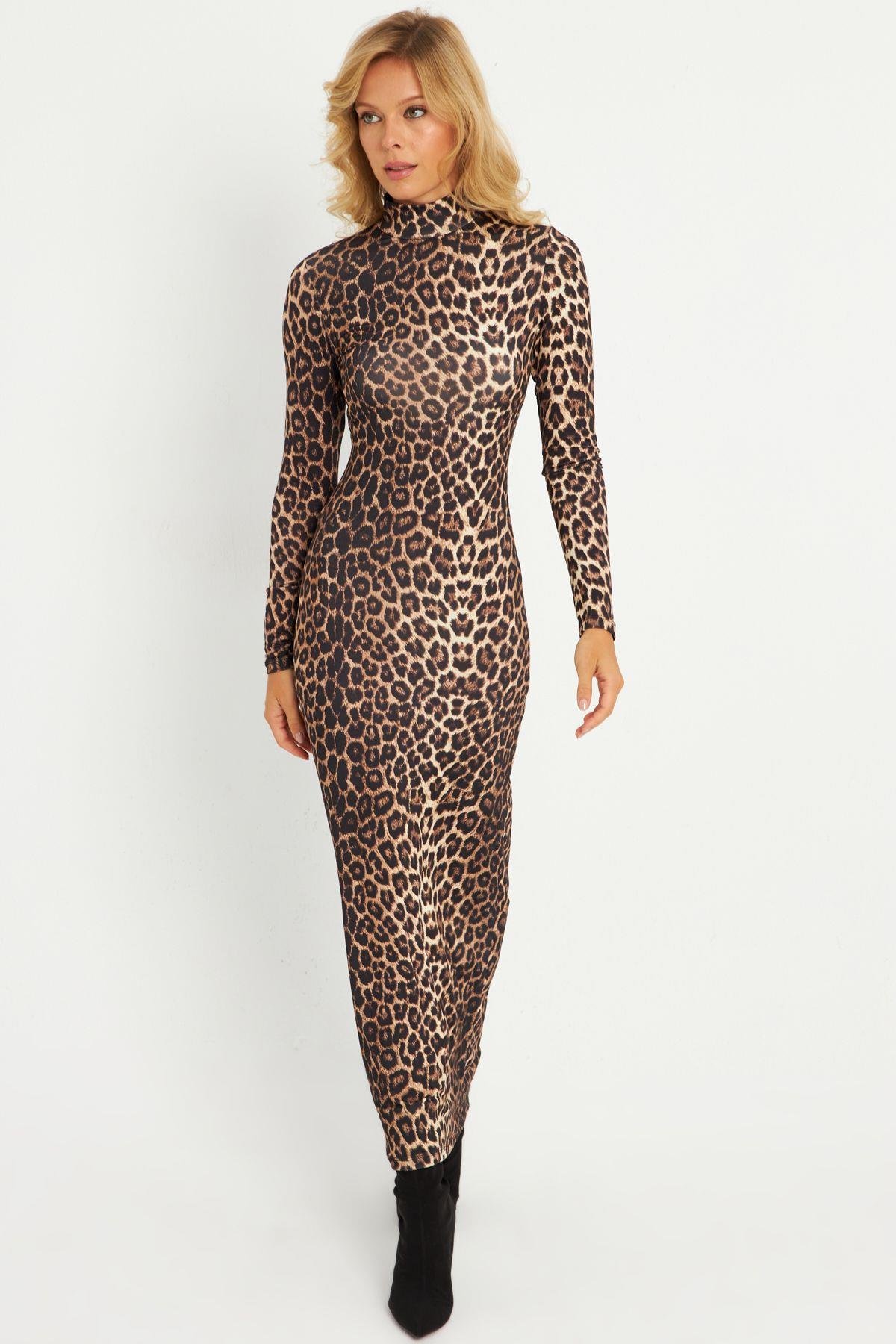Kadın Camel-Siyah Leopar Desenli Maxi Yılbaşı Elbise LİK07