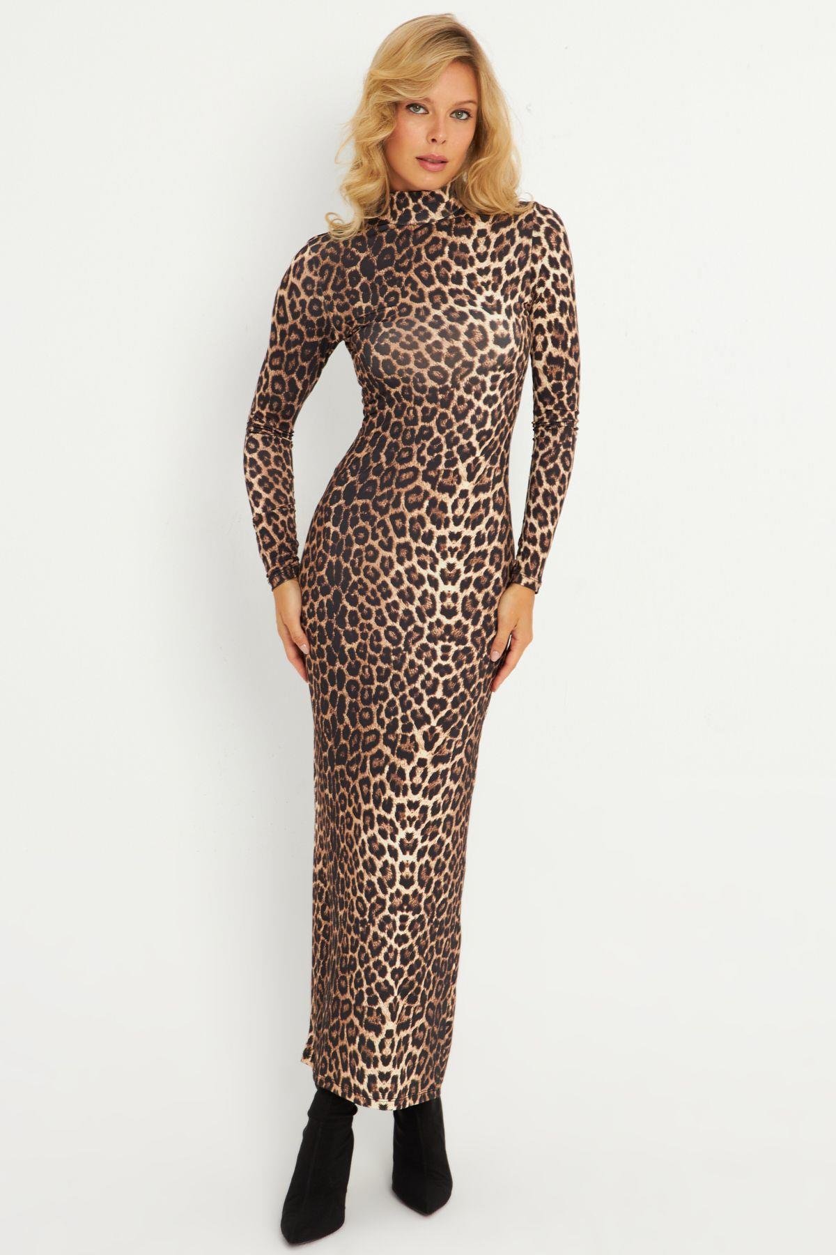 Kadın Camel-Siyah Leopar Desenli Maxi Yılbaşı Elbise LİK07