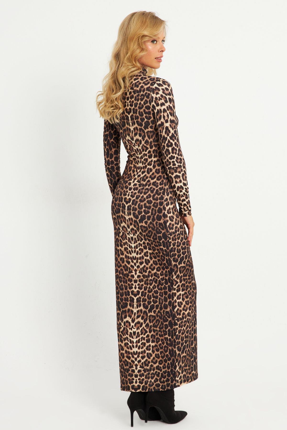Kadın Camel-Siyah Leopar Desenli Maxi Yılbaşı Elbise LİK07