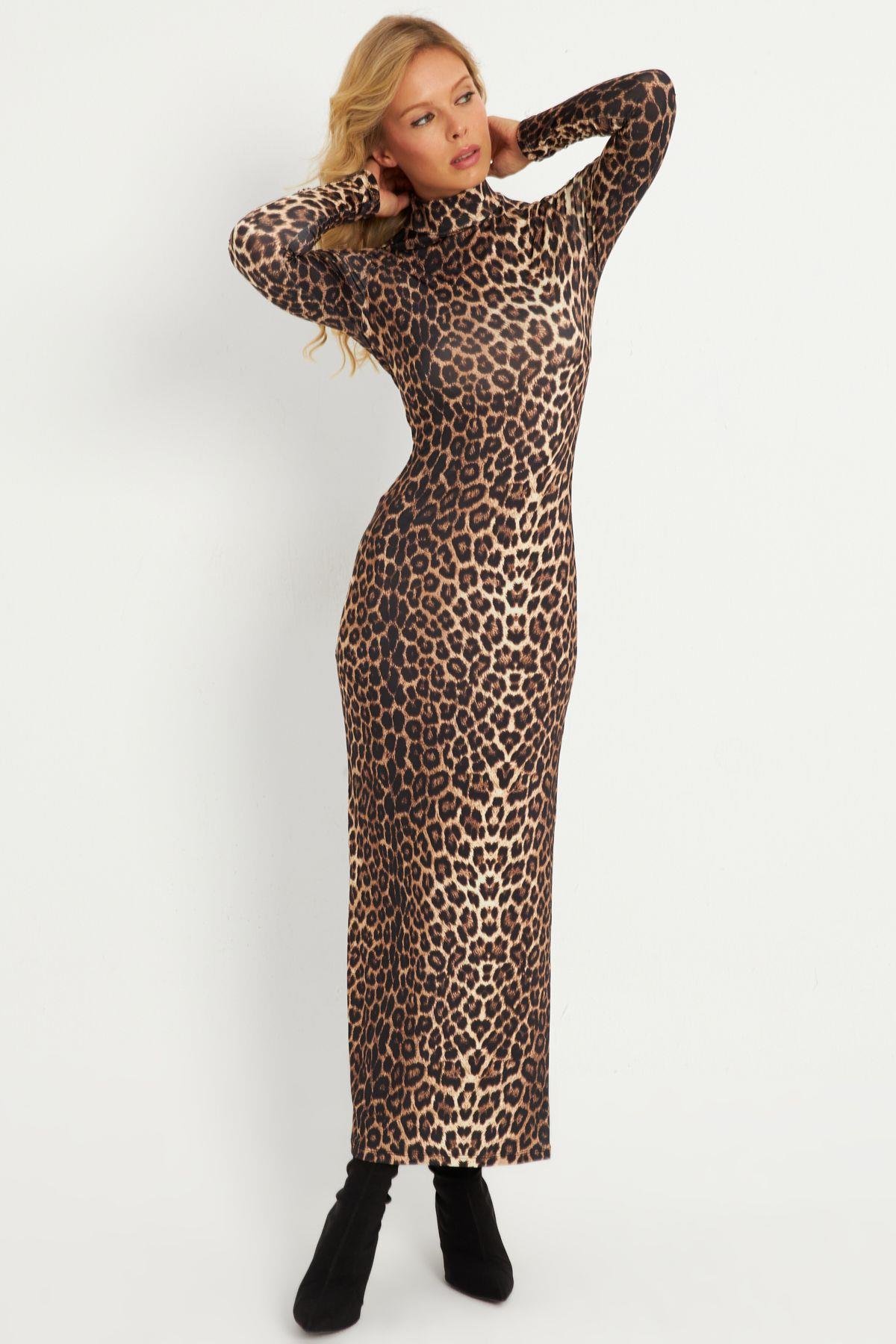 Kadın Camel-Siyah Leopar Desenli Maxi Yılbaşı Elbise LİK07