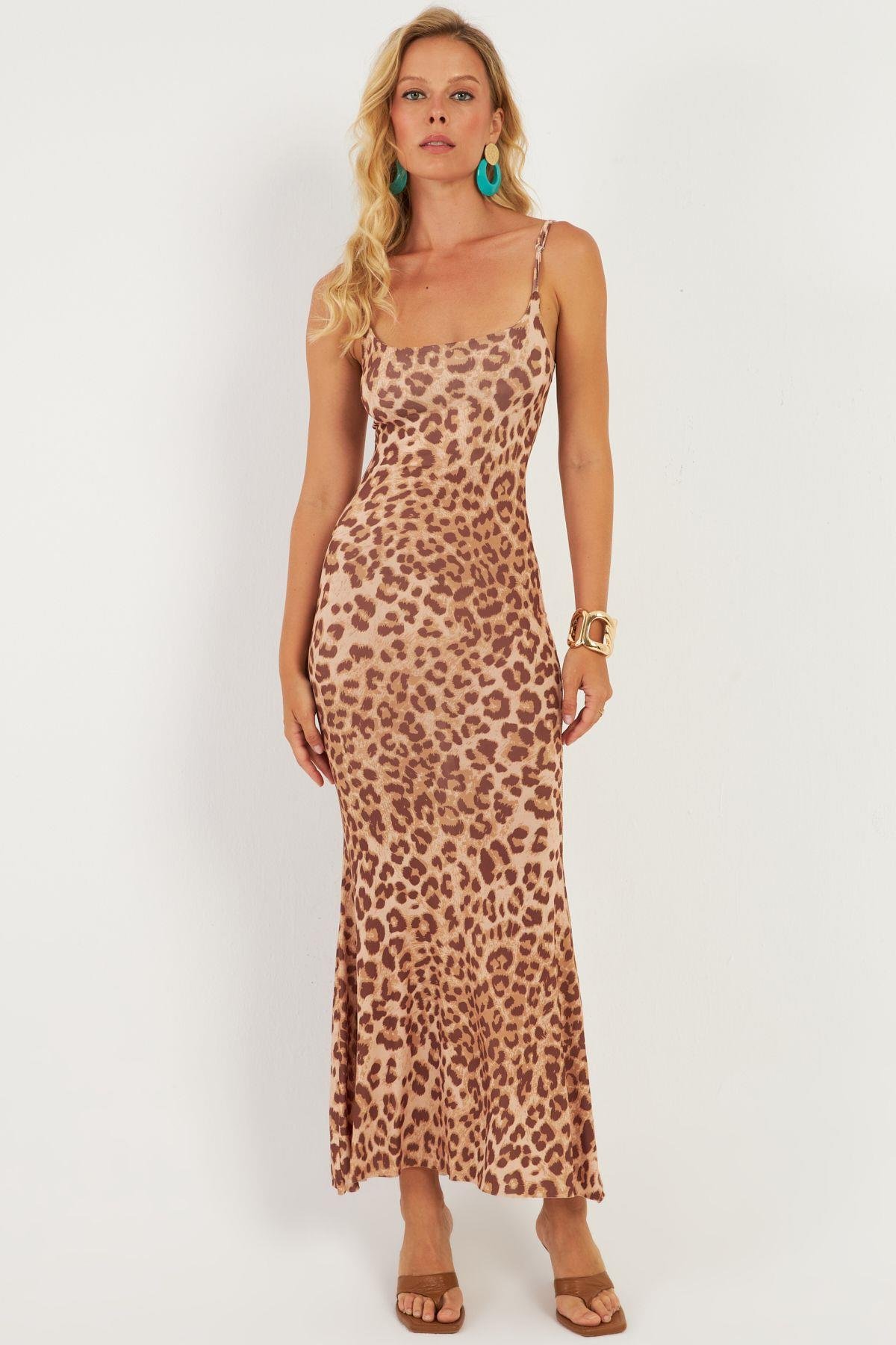 Kadın Camel-Siyah Leopar Desenli Maxi Elbise DMR283-1