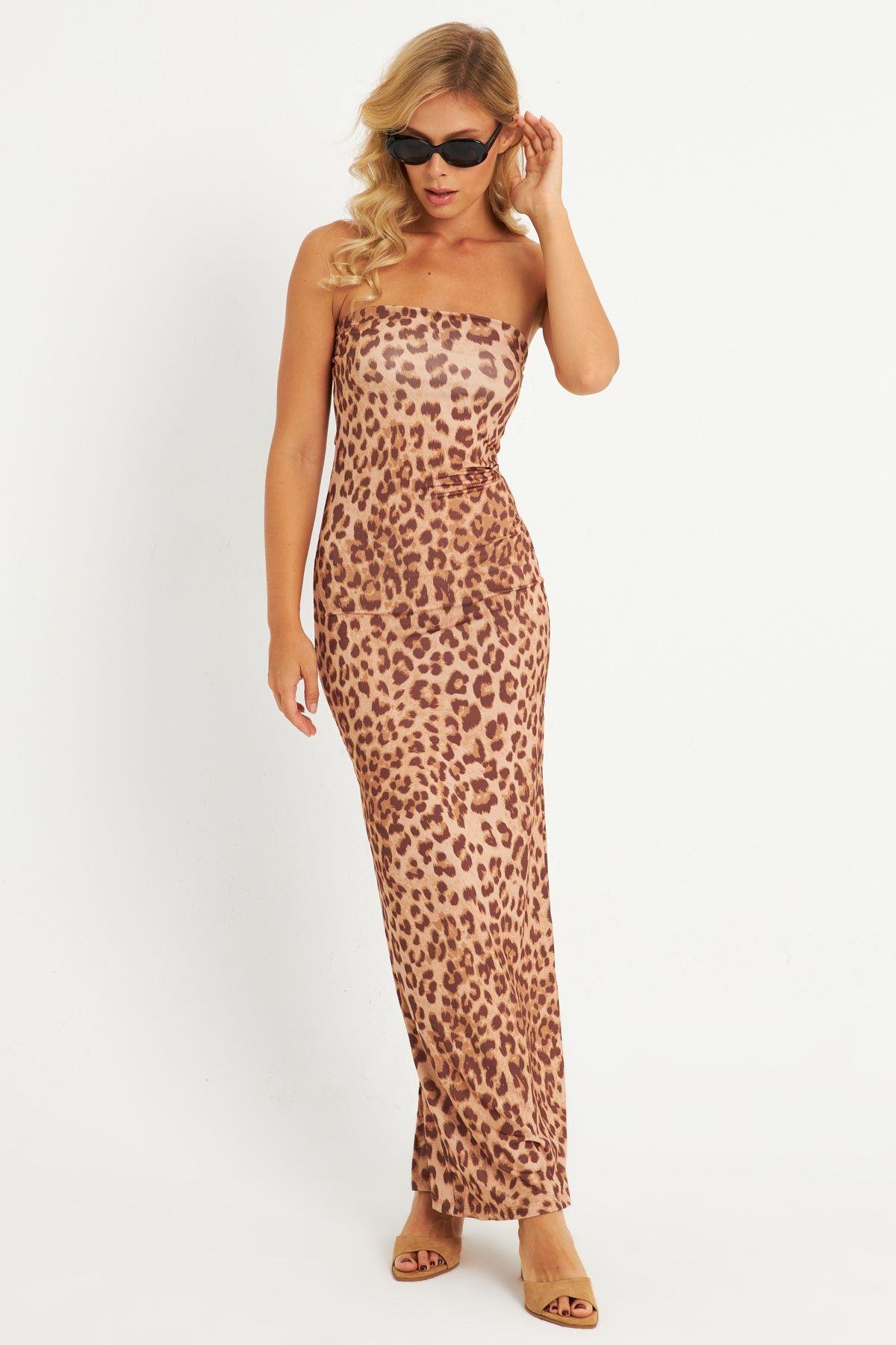Kadın Camel-Siyah Leopar Desenli Midi Straplez Yılbaşı Elbise XC001