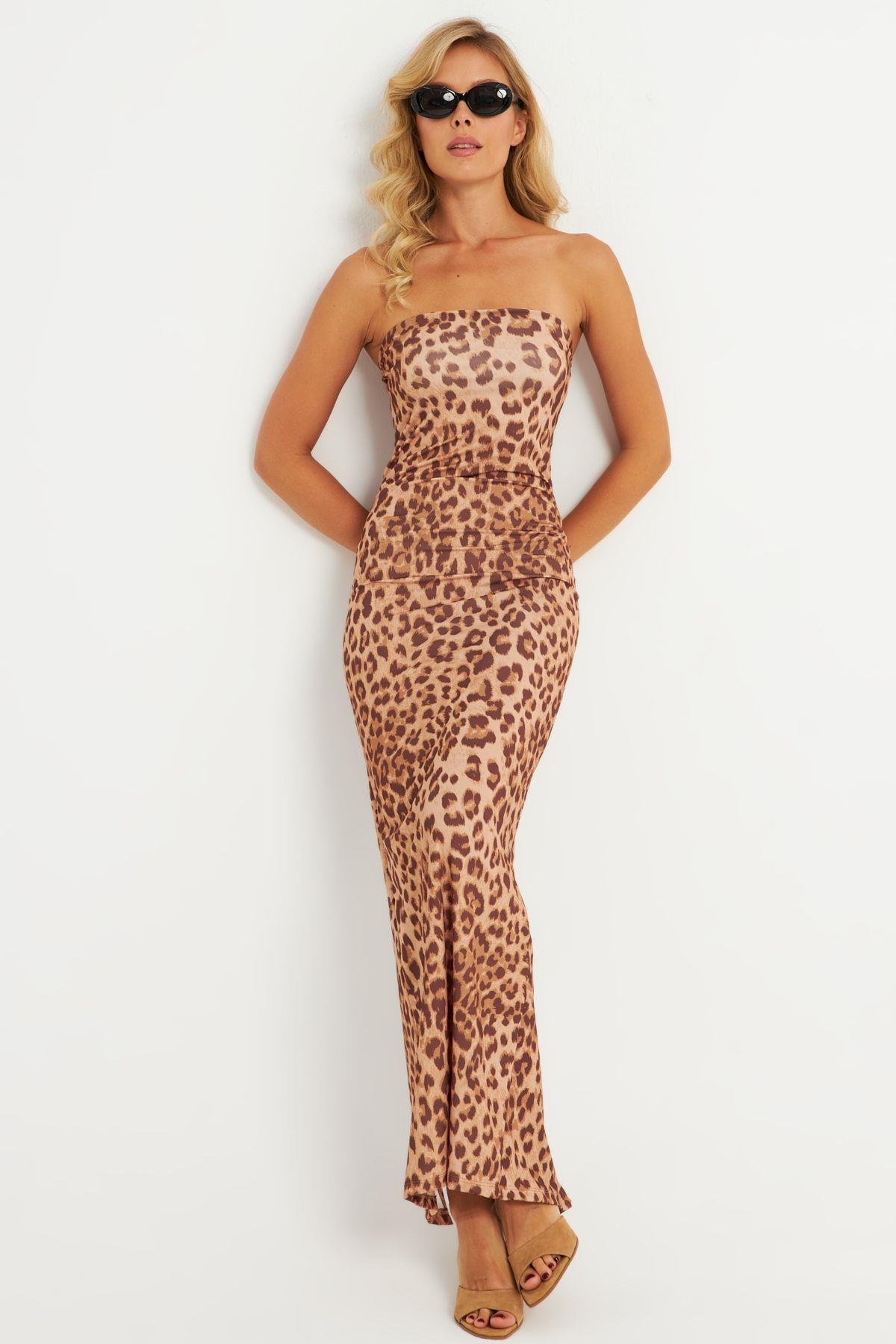 Kadın Camel-Siyah Leopar Desenli Midi Straplez Yılbaşı Elbise XC001