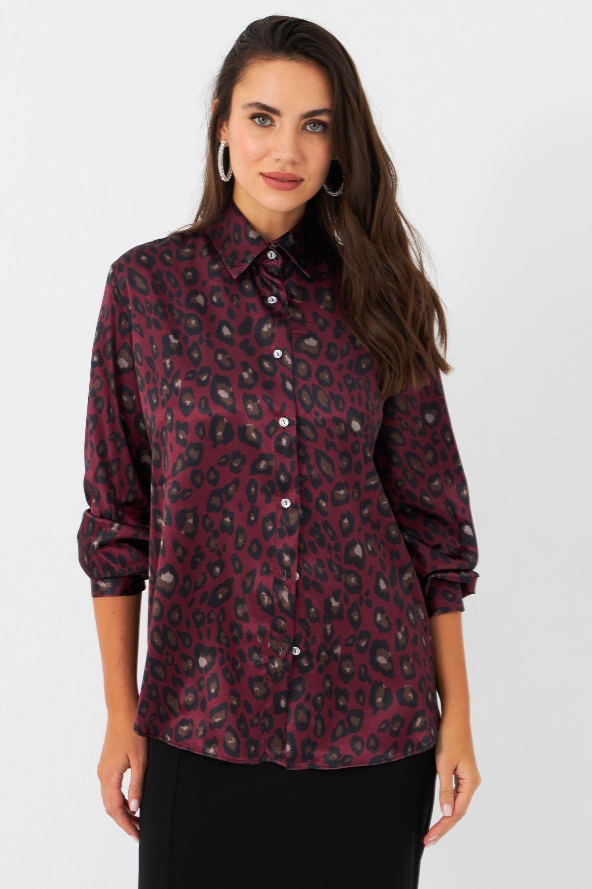 Kadın Camel-Siyah Leopar Desenli Saten Gömlek MRAD5901-1