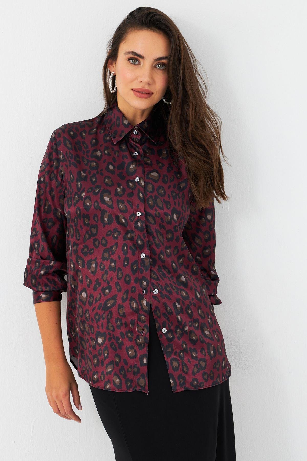 Kadın Camel-Siyah Leopar Desenli Saten Gömlek MRAD5901-1