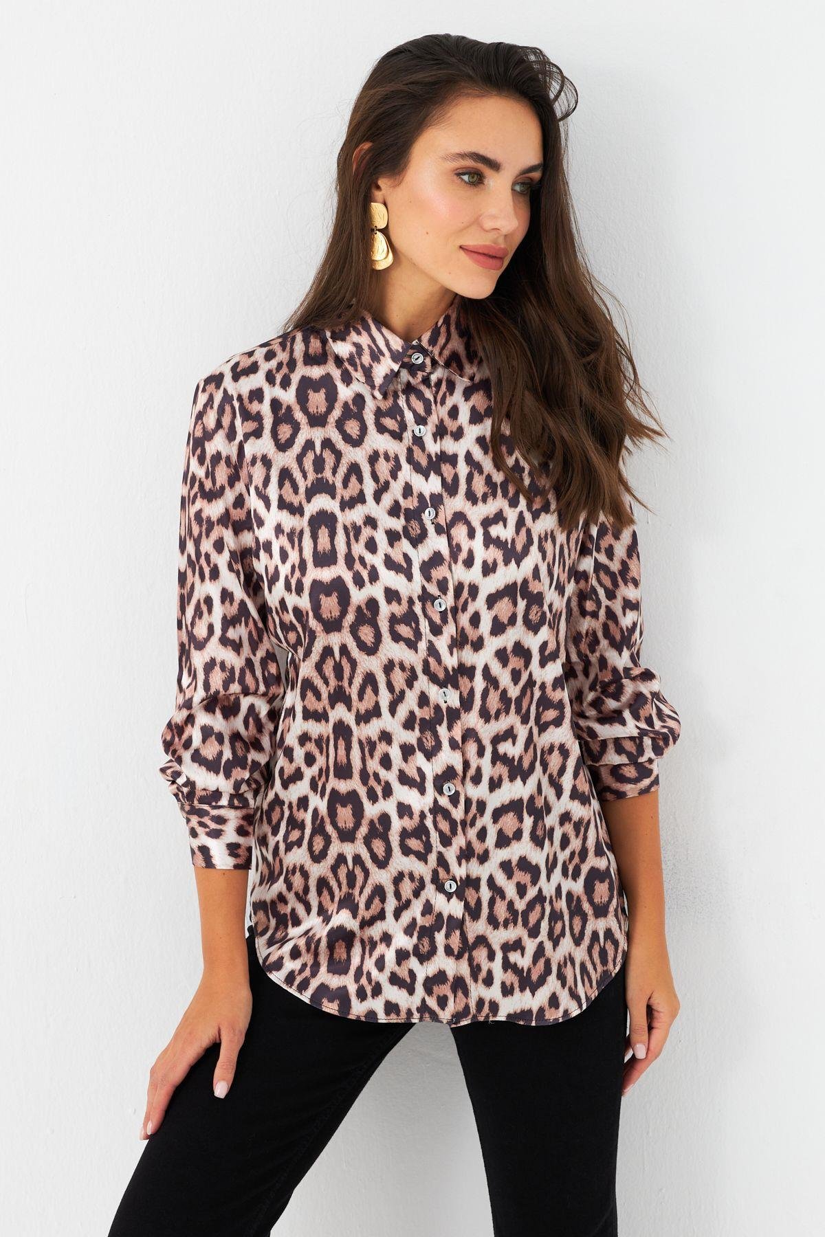 Kadın Camel-Siyah Leopar Desenli Saten Gömlek MRAD5901-1