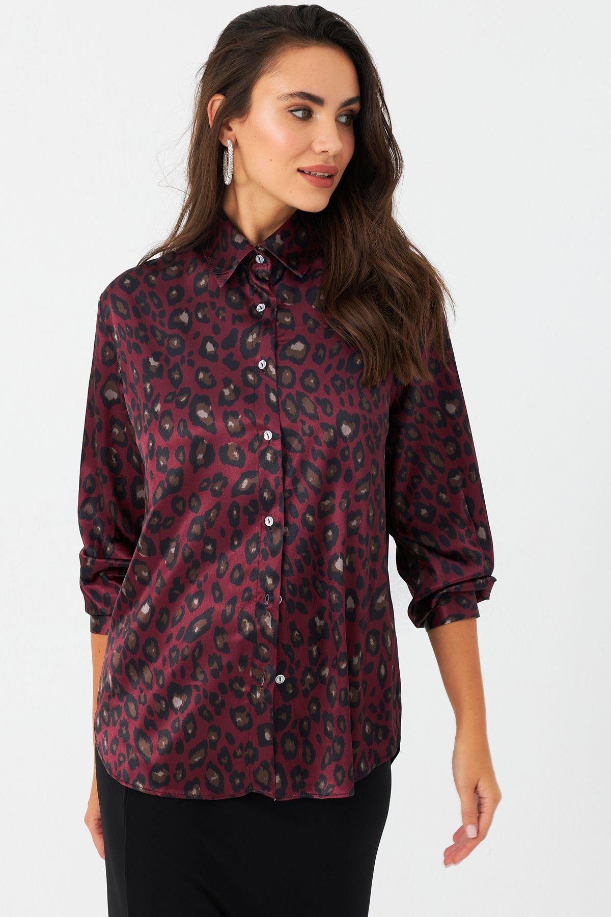 Kadın Camel-Siyah Leopar Desenli Saten Gömlek MRAD5901-1