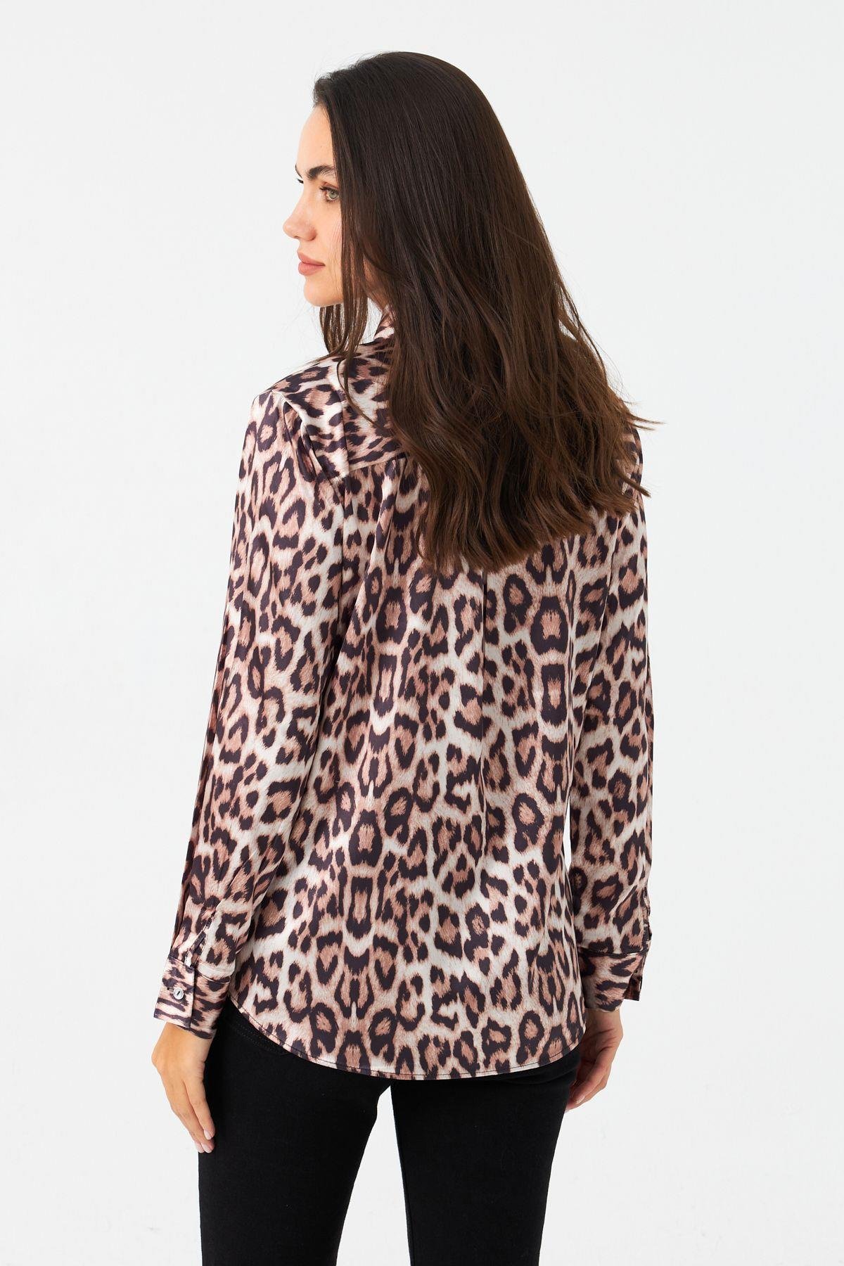 Kadın Camel-Siyah Leopar Desenli Saten Gömlek MRAD5901-1